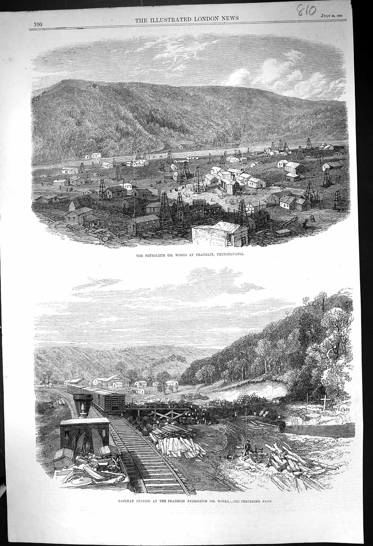 Old Print 1864 Petroleum Oil Works Franklin Pennsylvania Railway Station 19th