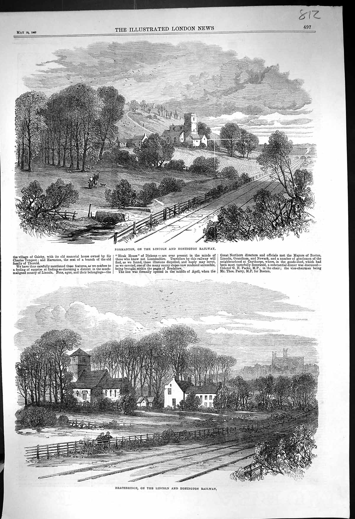 Original Old Antique Print 1867 Normanton Lincoln Honington Railway Bracebridge