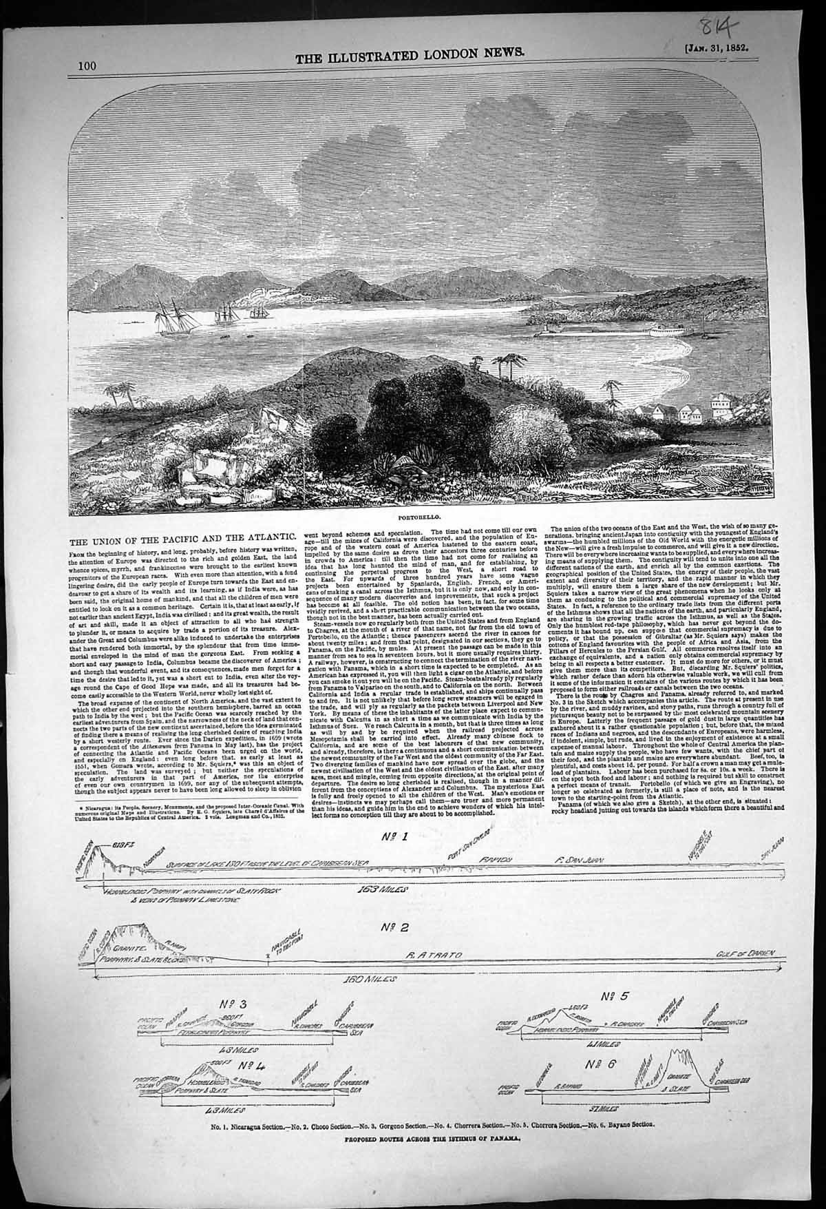 Old 1852 View Portobello Proposed Routes Isthmus Panama Nicaragua Chi Victorian