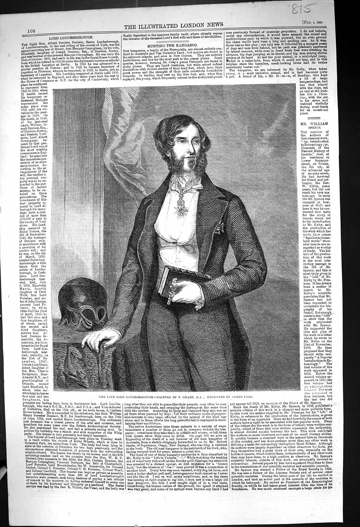 Antique Old Print 1860 Portrait Lord Londesborough Albert Denison James Faed