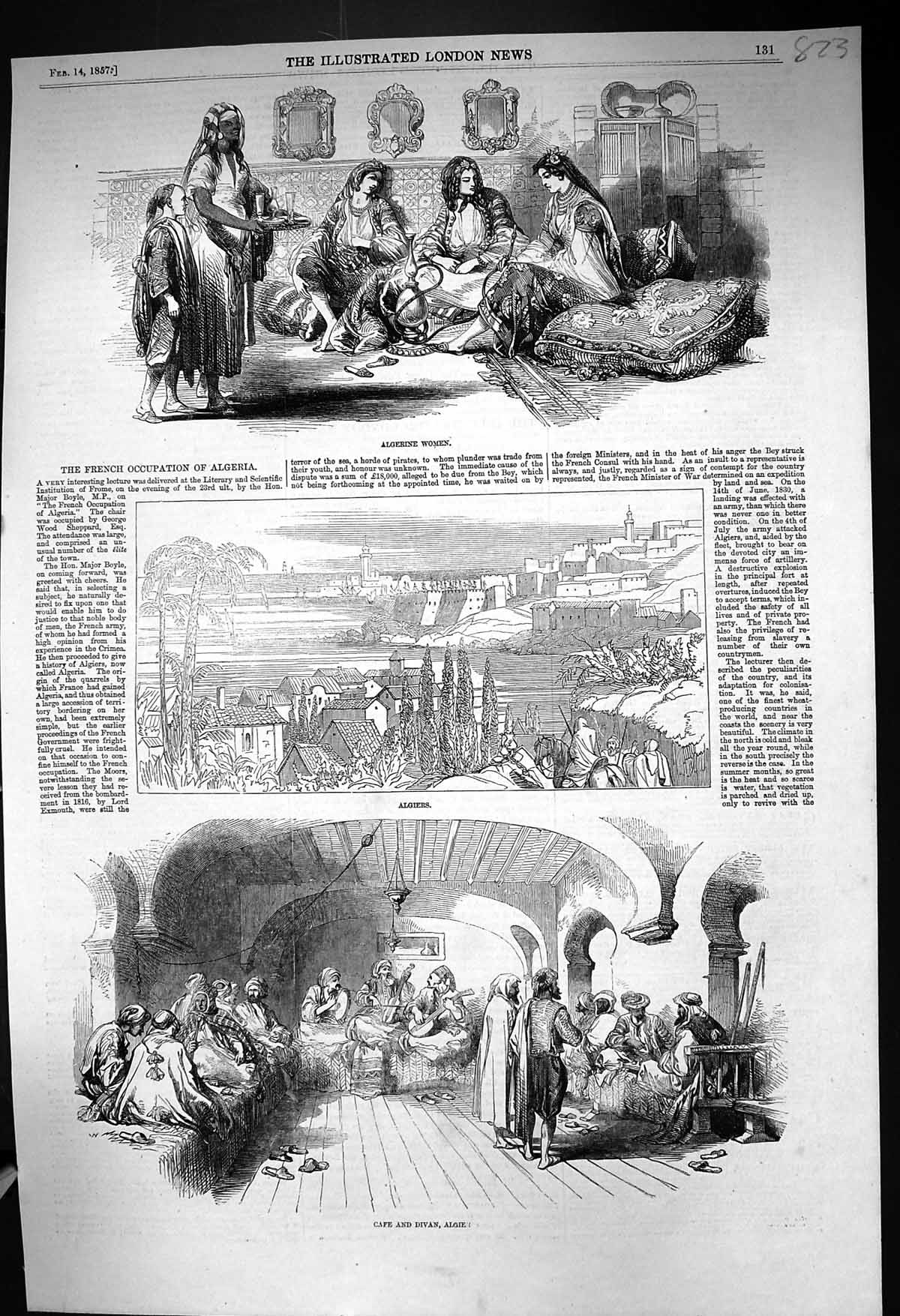 Original Old Antique Print 1857 View Algiers Africa Algerine Women CafÇ Divan