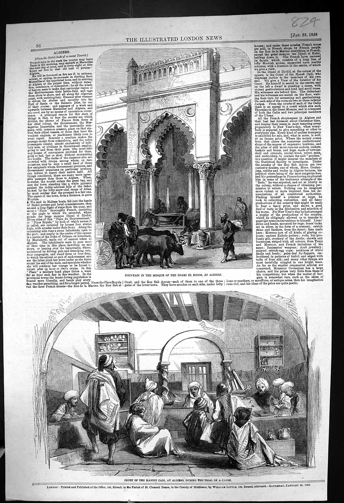 Antique Print 1858 Fountain Mosque Djami El Kebir Algiers Court Hanefi Cadi