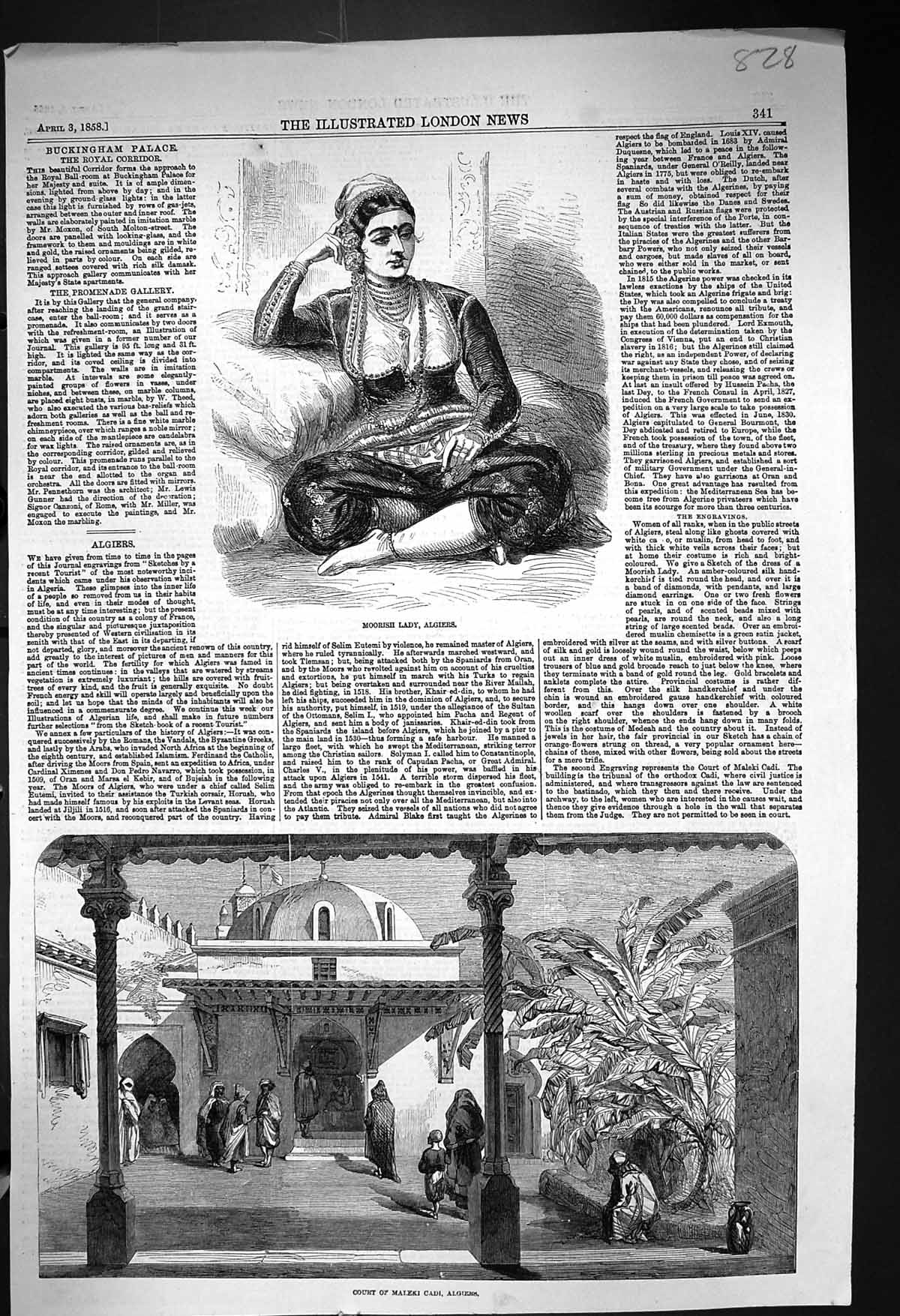 Original Old Antique Print 1858 Moorish Lady Algiers View Court Maleki Cadi