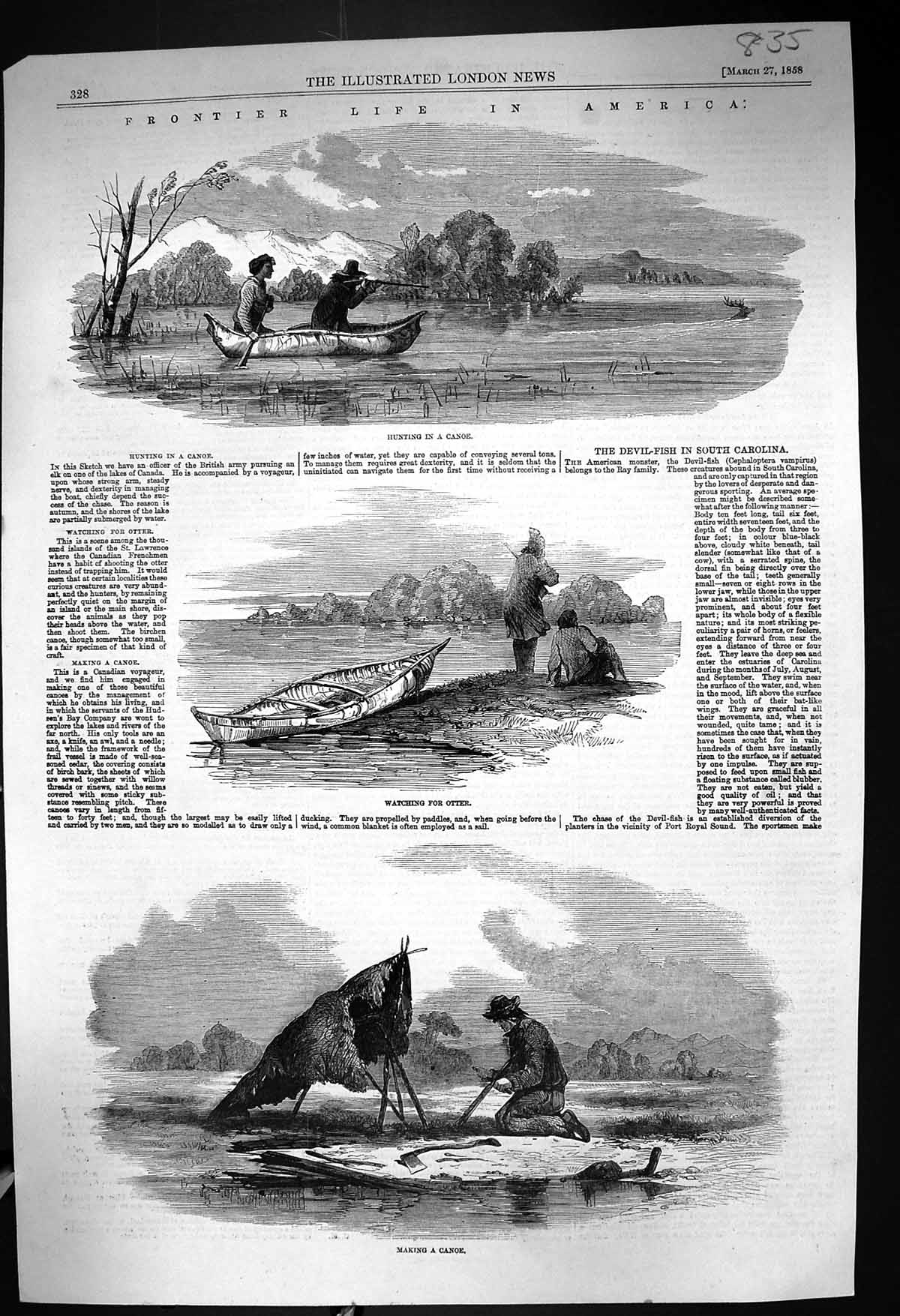Antique Old Print 1858 Frontier Life America Hunting Canoe Stag Otter Sport