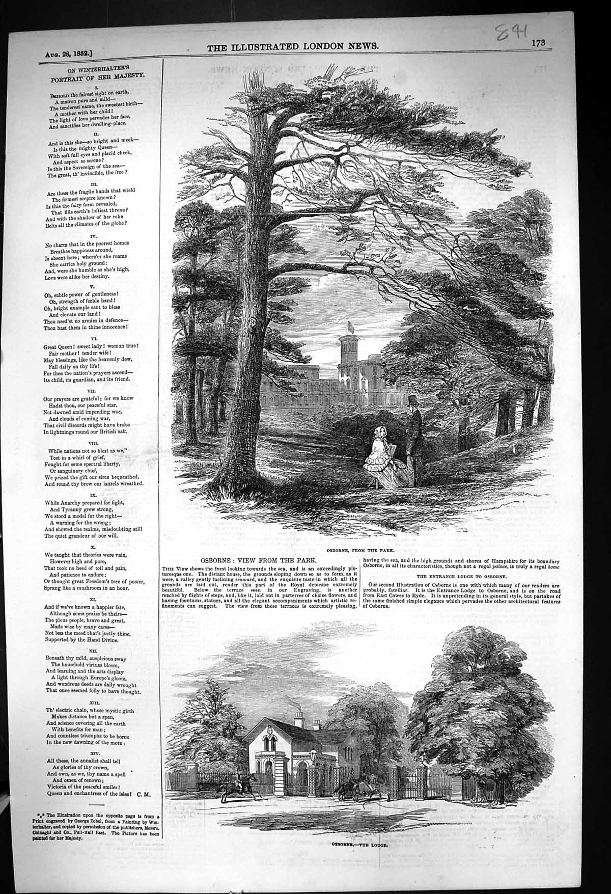 Original Old Antique Print 1852 View Osborne Park Trees Entrance Lodge 19th