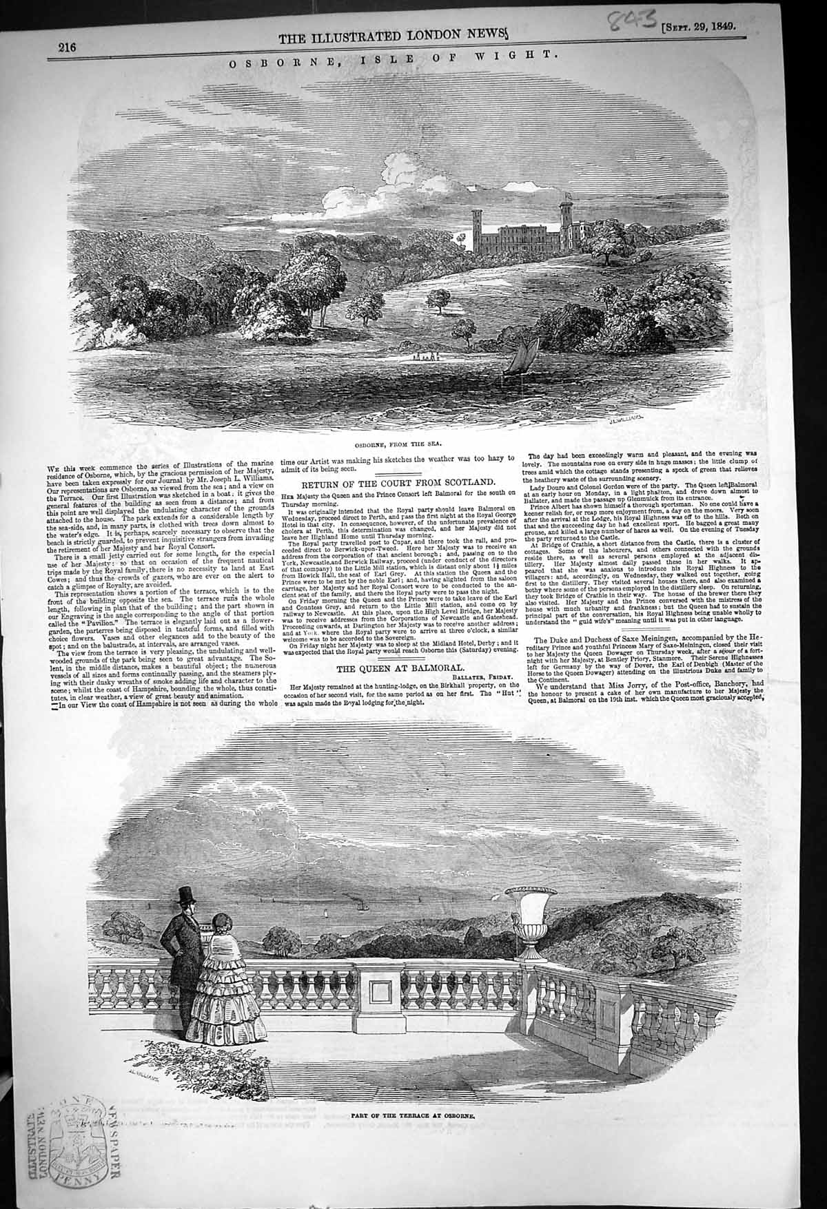 Original Old Antique Print 1849 Osborne Mansion House Isle Wight Terrace Ships