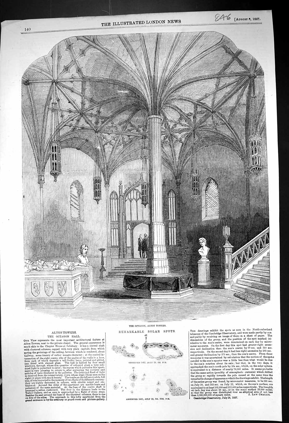 Original Old Antique Print 1857 Interior Architecture Alton Towers Octagon Hall