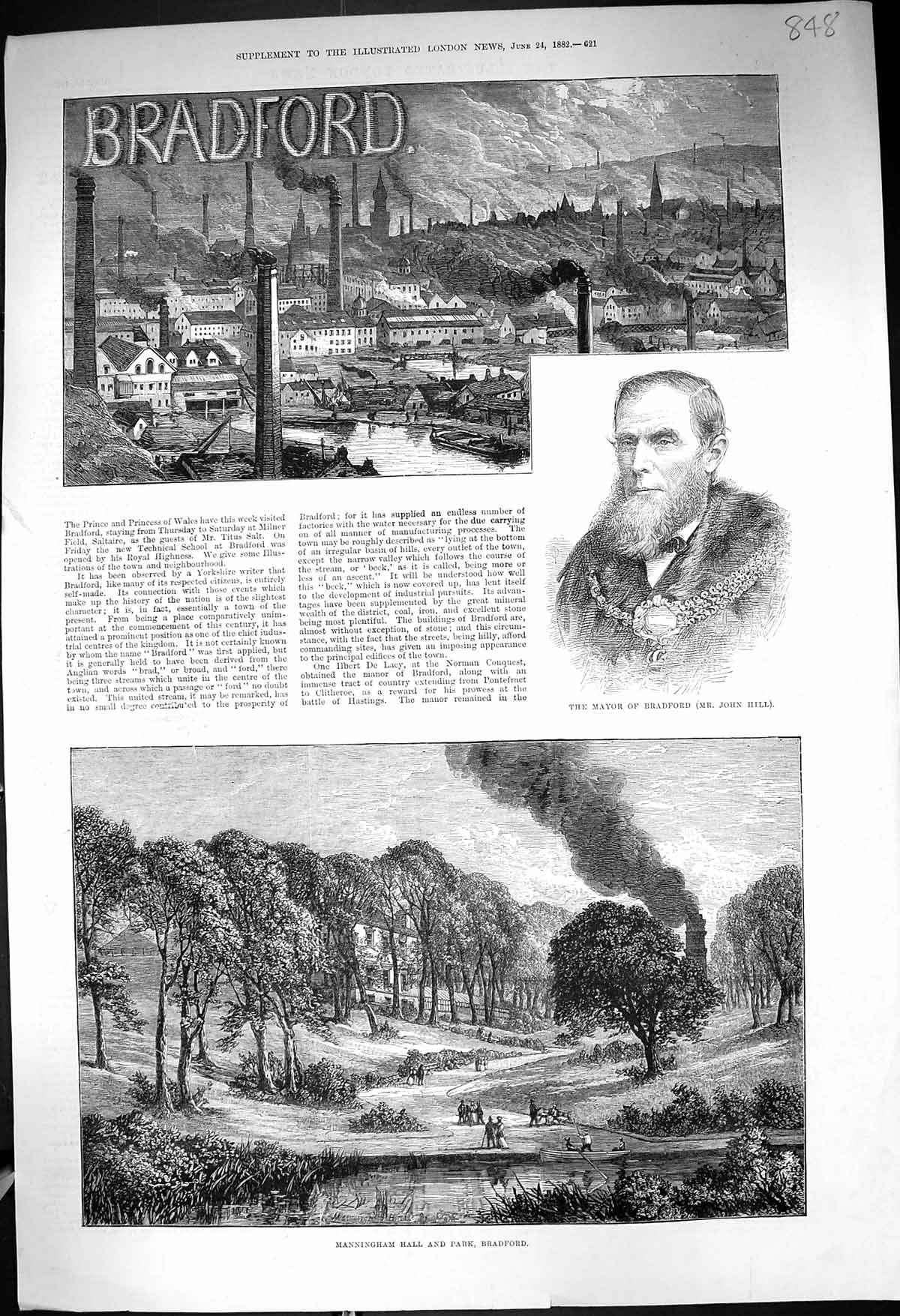 Original Old Antique Print 1882 Portrait Mayor Bradford Manningham Hall Park