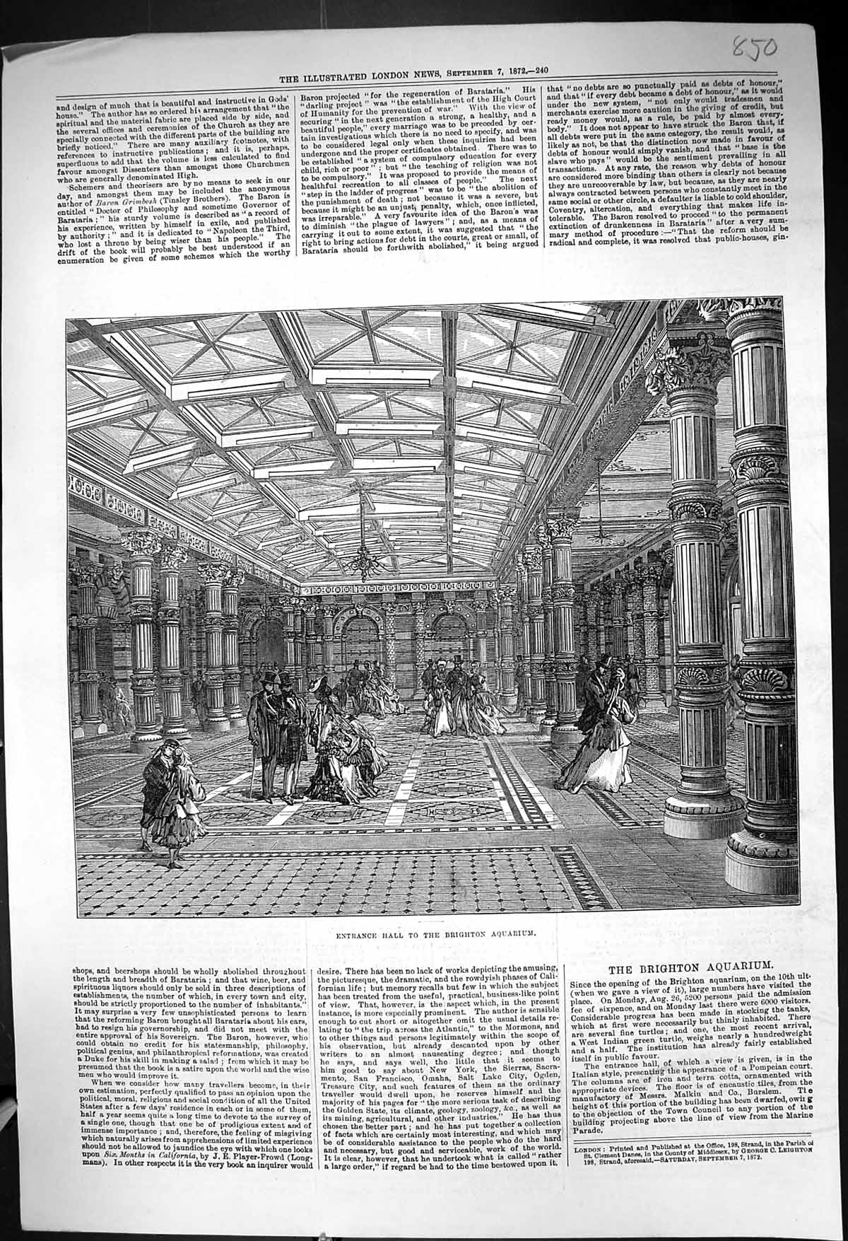 Antique Old Print 1872 Interior Architecture Entrance Hall Brighton Aquarium