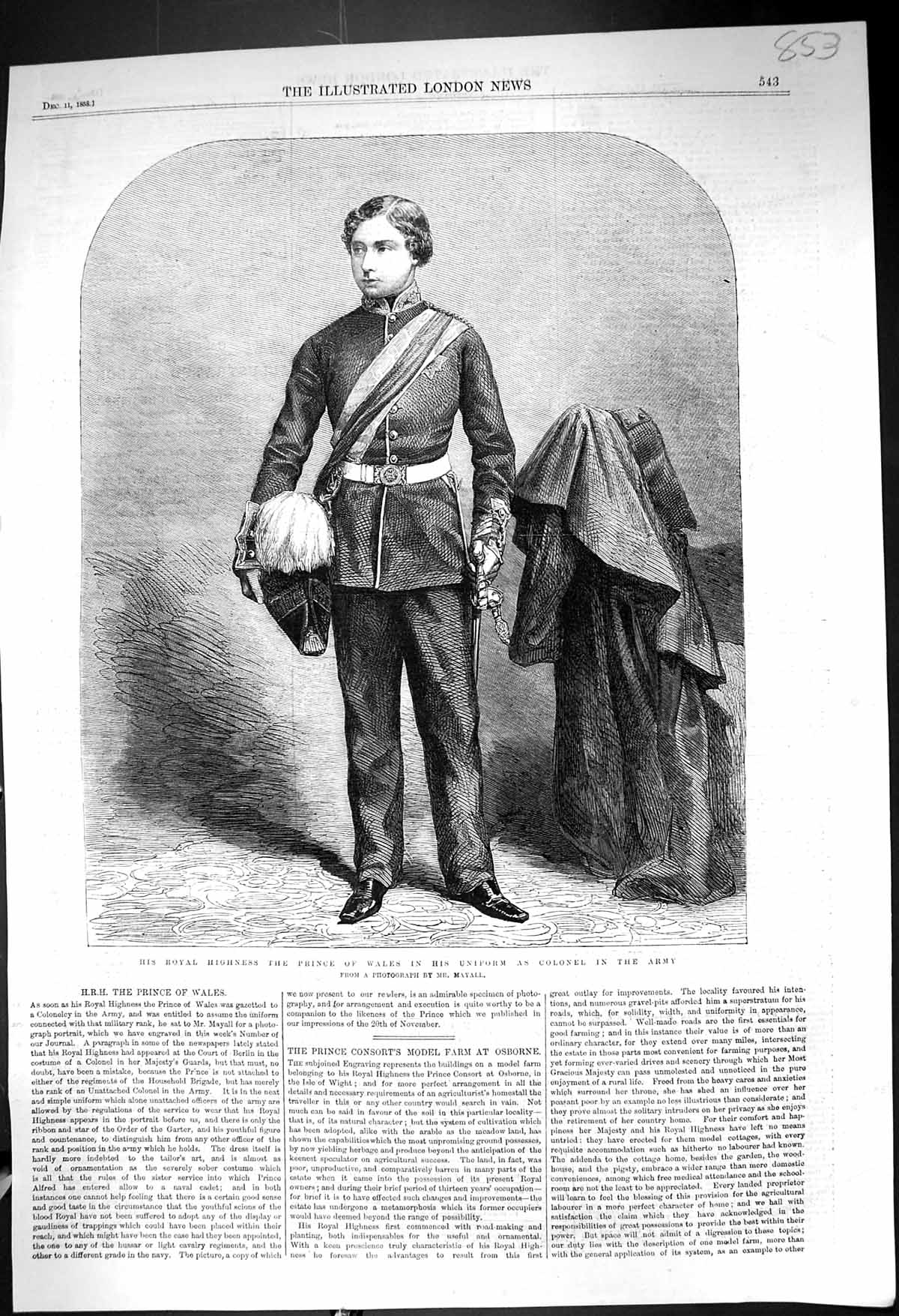 Old Print 1858 Portrait Royal Highness Prince Wales Uniform Colonel Army 19th
