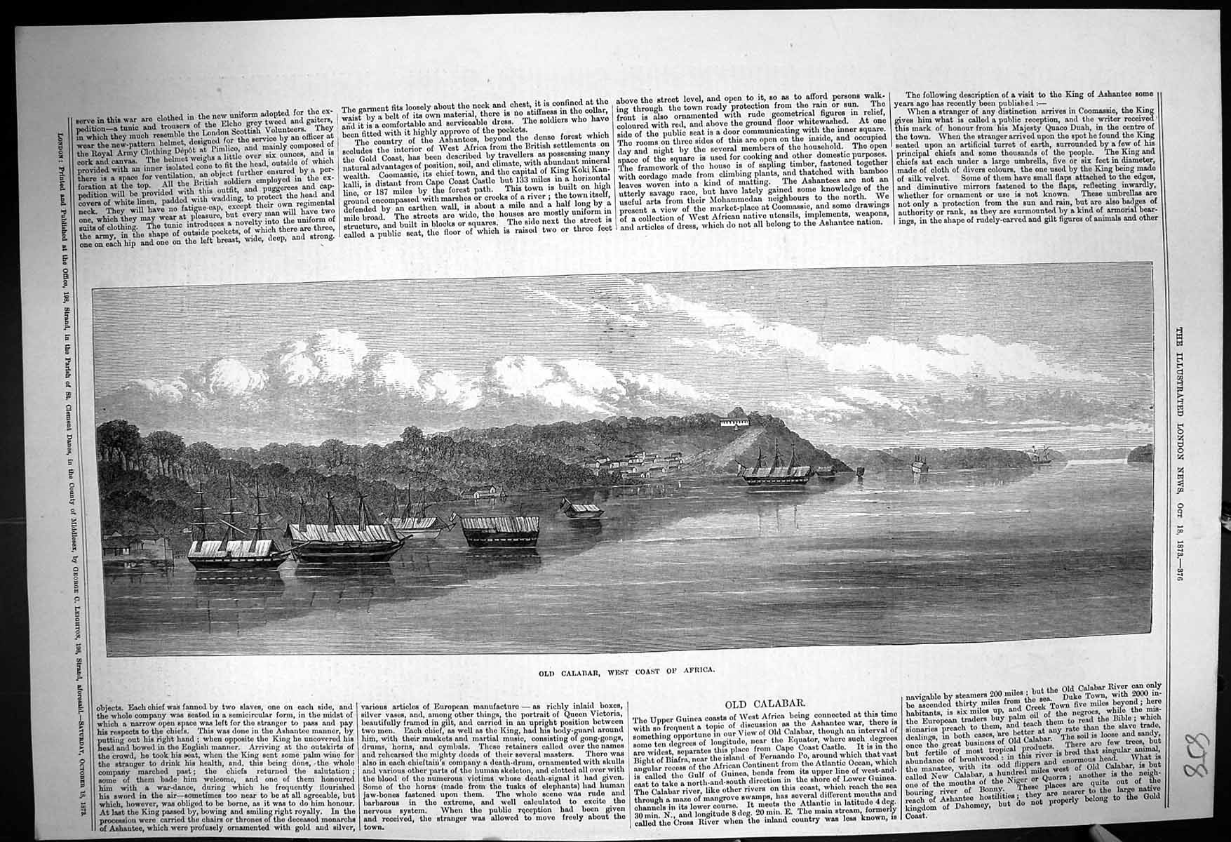 Original Old Antique Print 1873 View Calabar West Coast Africa Ships Boats 19th
