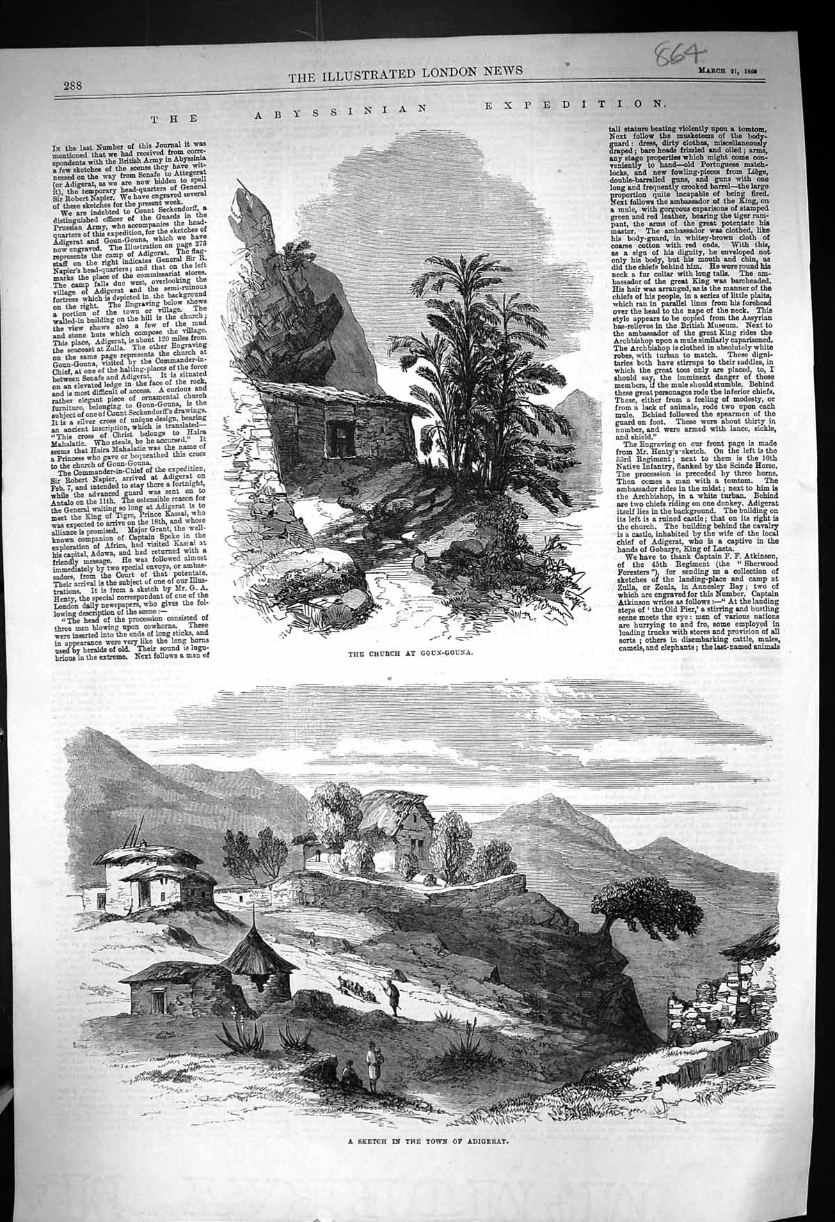 Antique Old Print 1868 Abyssinia Expedition Town Adigerat Church Goun-Gouna