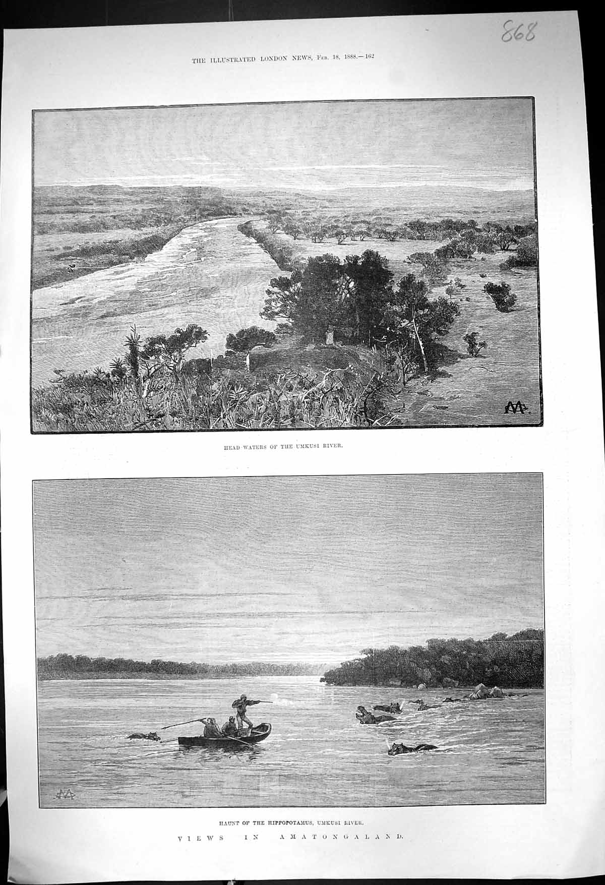 Old 1888 Amatongaland Head Waters Umkusi River Hippopotamus Fine Art Victorian