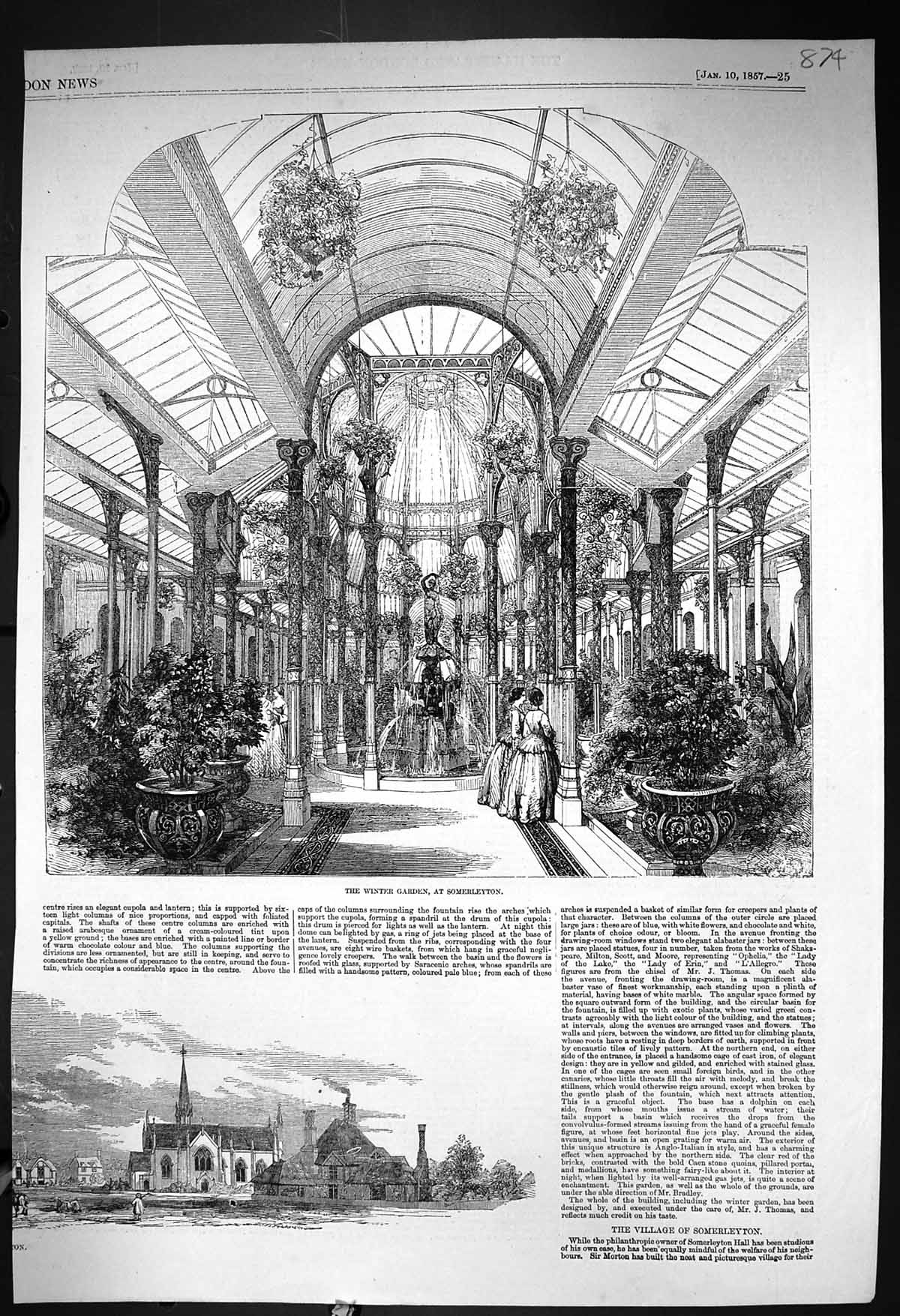 Original Old Antique Print 1857 Winter Garden Somerleyton Church Architecture