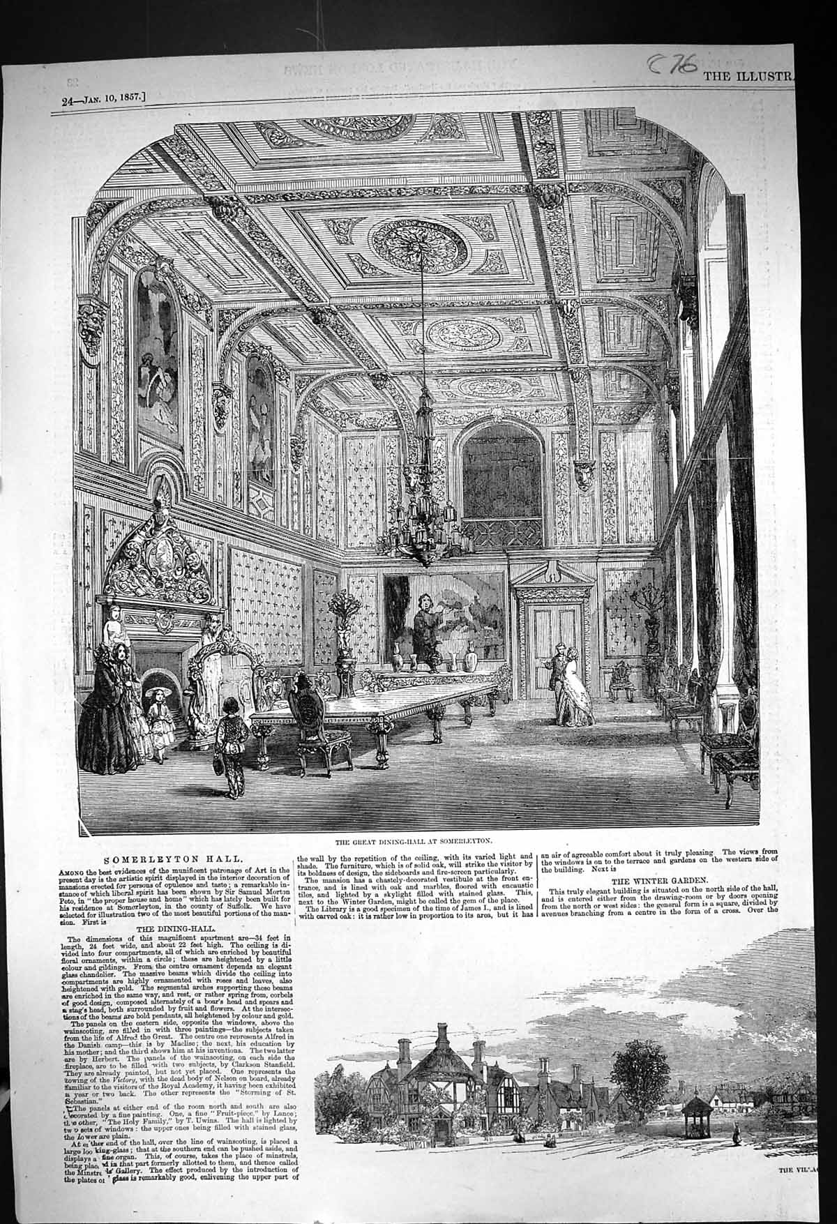 Antique Print 1857 Great Dining Hall Somerleyton Hall Suffolk Architecture 19th