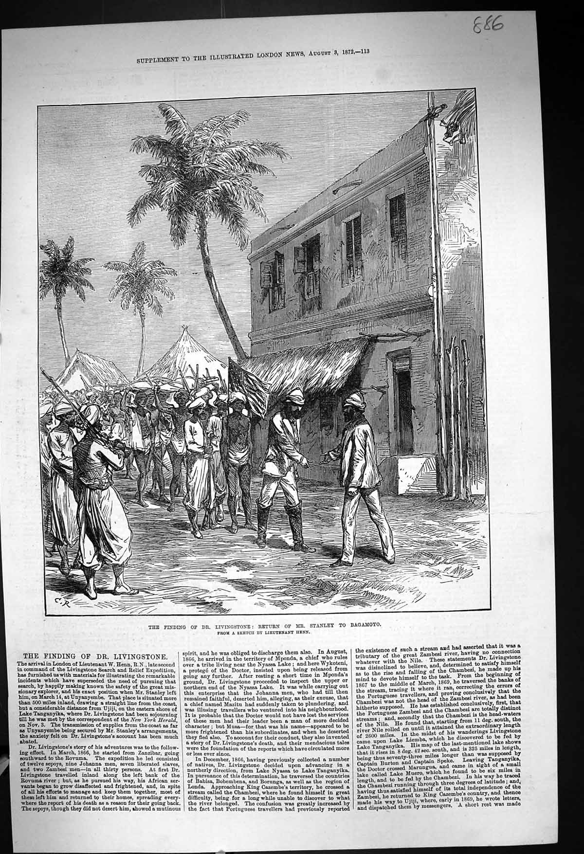 Antique Print 1872 Finding Dr. Livingstone Return Mr. Stanley Bagamoyo Henn