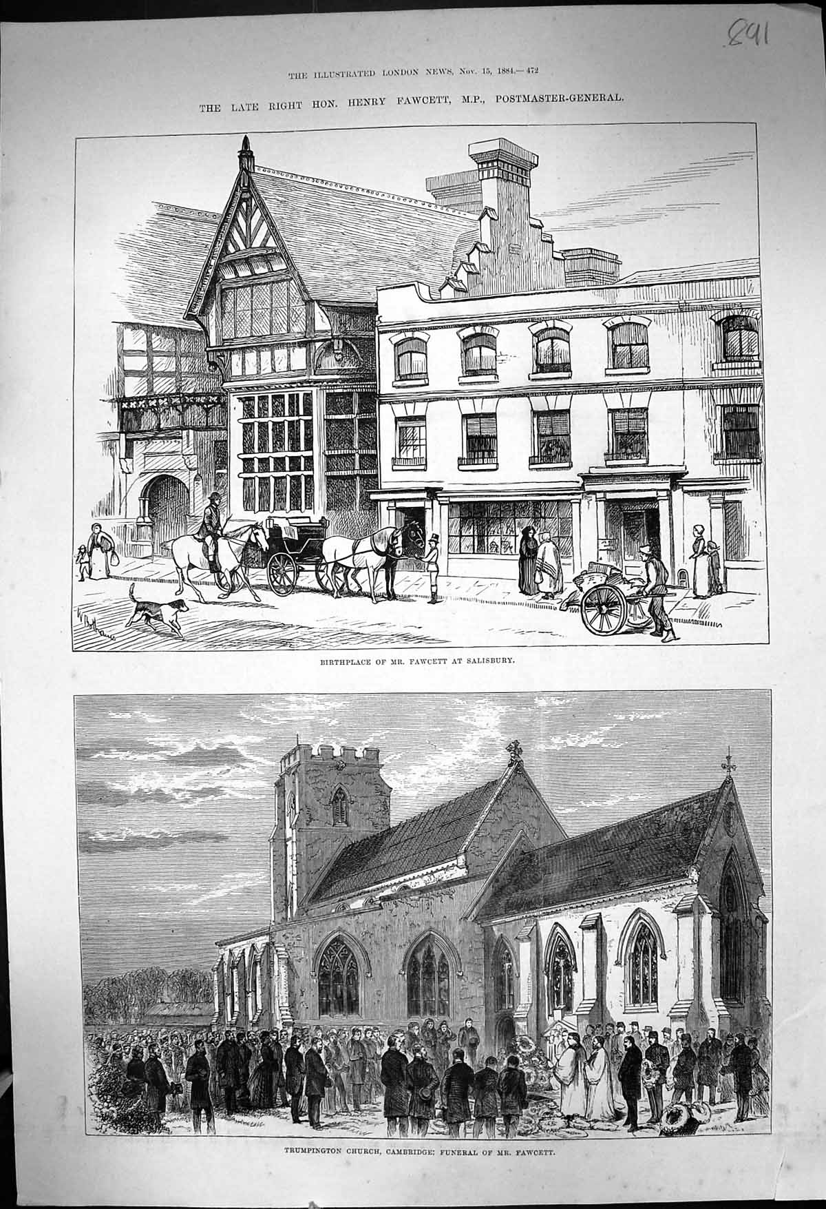 Old 1884 Henry Fawcett Postmaster General Salisbury Trumpington Churc Victorian