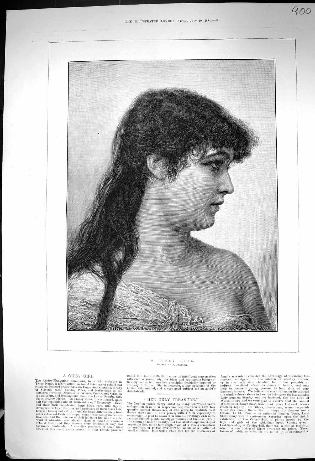 Original Old Antique Print 1884 Portrait Beautiful Gipsy Girl Jenisek Victorian