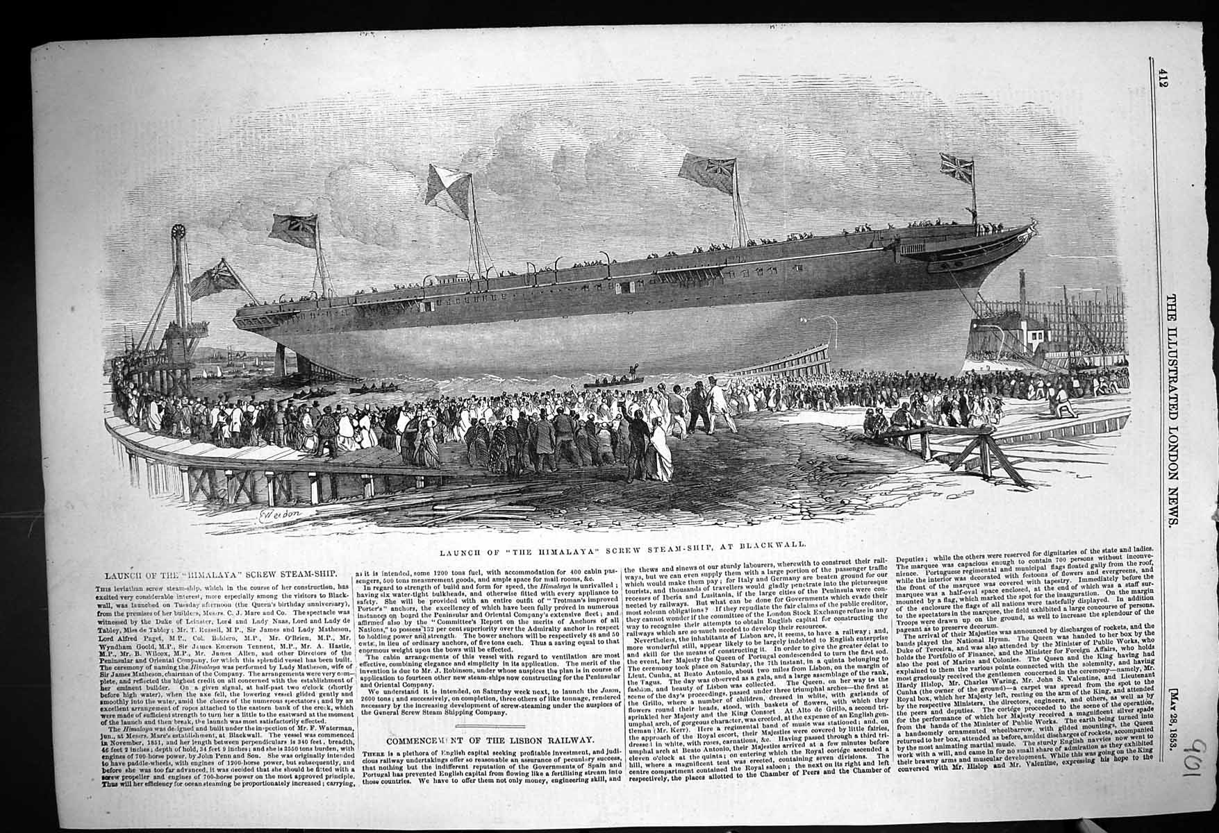 Original Old Antique Print 1853 Launch Himalaya Screw Steam Ship Blackwall 19th