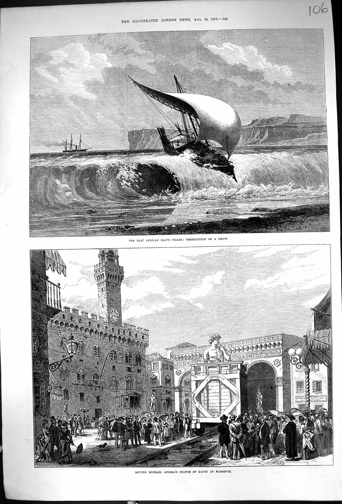 Old 1873 Africa Slave Trade Destruction Dhow Michael Angelo Statue Da Victorian