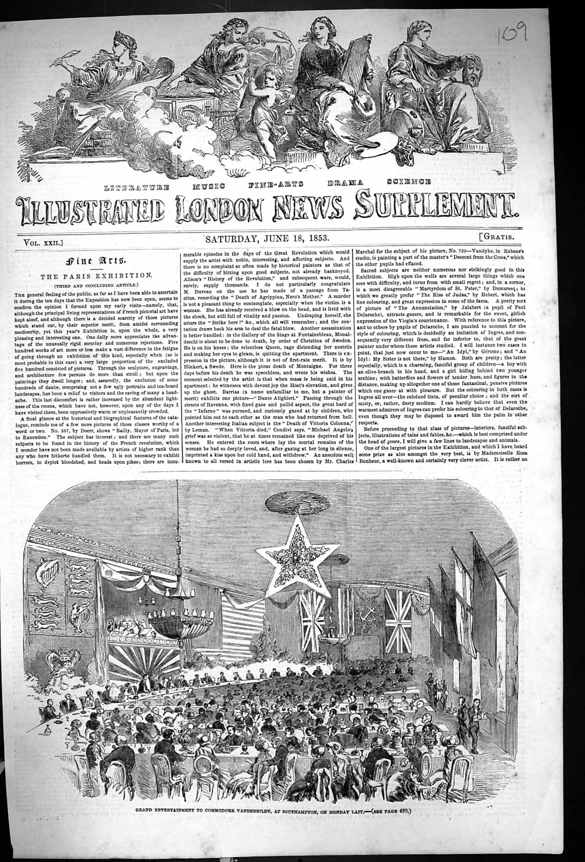 Original Old Antique Print 1853 Entertainment Commodore Vanderbilt Southampton