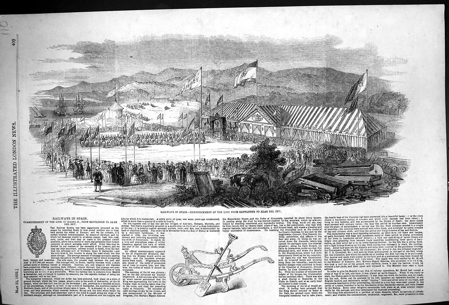 Old 1852 Railway Spain Commencement Line Isabel Santander Alar Del Re Victorian