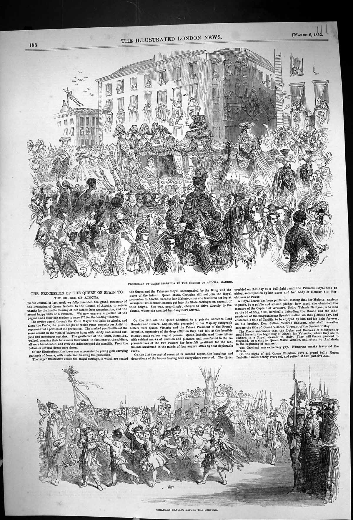 Old 1852 Procession Queen Isabella Church Atocha Madrid Spain Childre Victorian