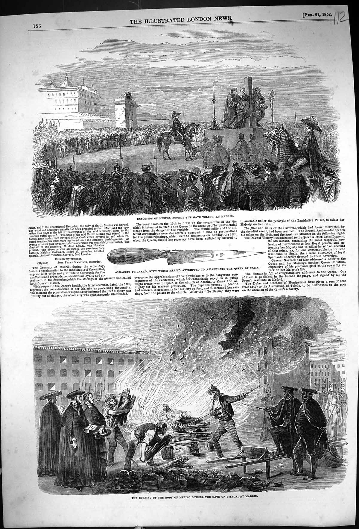 Old 1852 Execution Merino Gate Toledo Madrid Spain Burning Body Bilbo Victorian