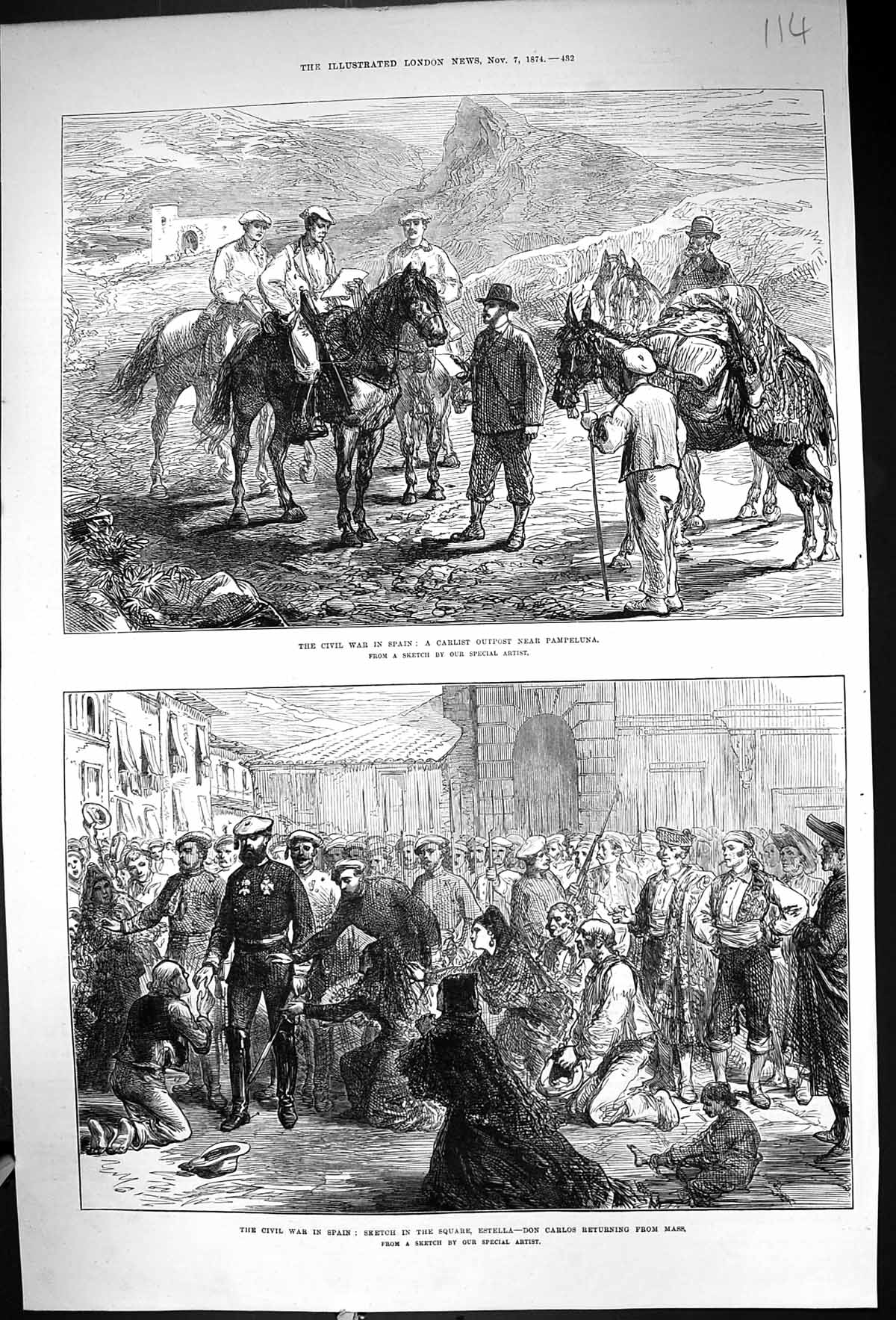 Old 1874 Civil War Spain Carlist Pampeluna Don Carlos Square Estella Victorian
