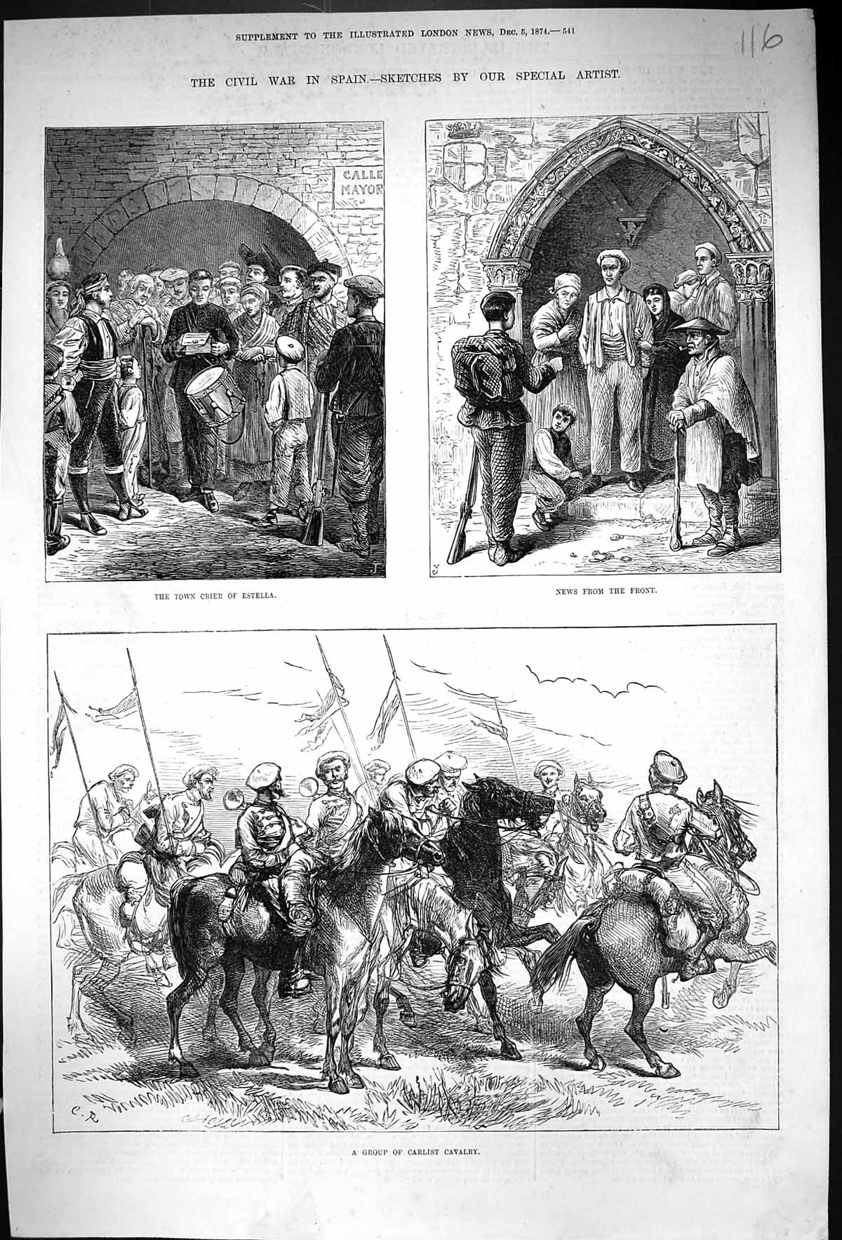 Antique Print 1874 Civil War Spain Town Crier Estella Carlist Cavalry Siers