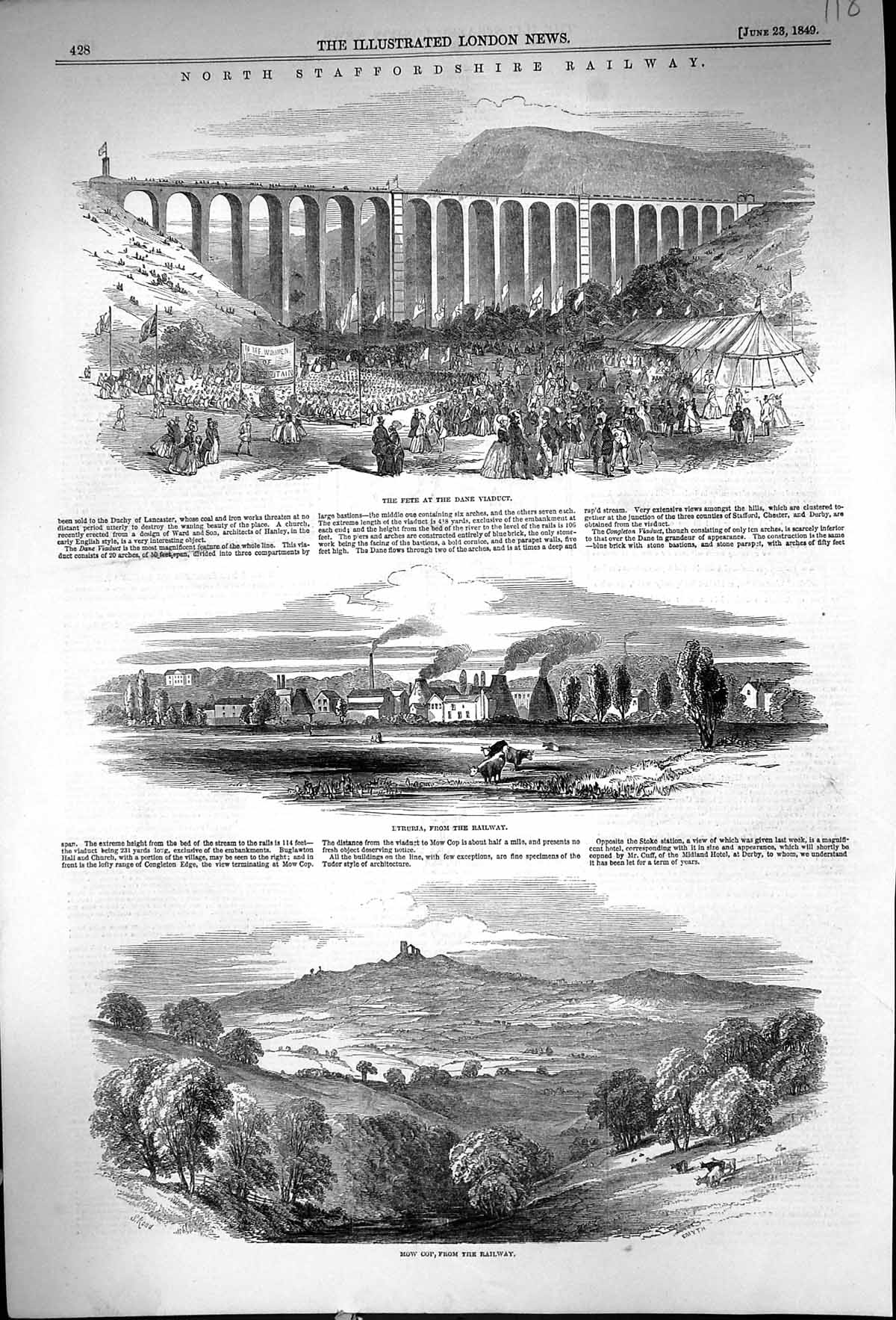 Antique Print 1849 Staffordshire Railway Fete Dane Viaduct Etruria Mow Cop 19th