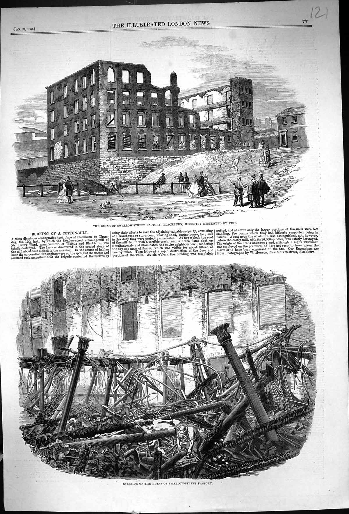 Antique Old Print 1860 Ruins Swallow Street Factory Blackburn Destroyed Fire