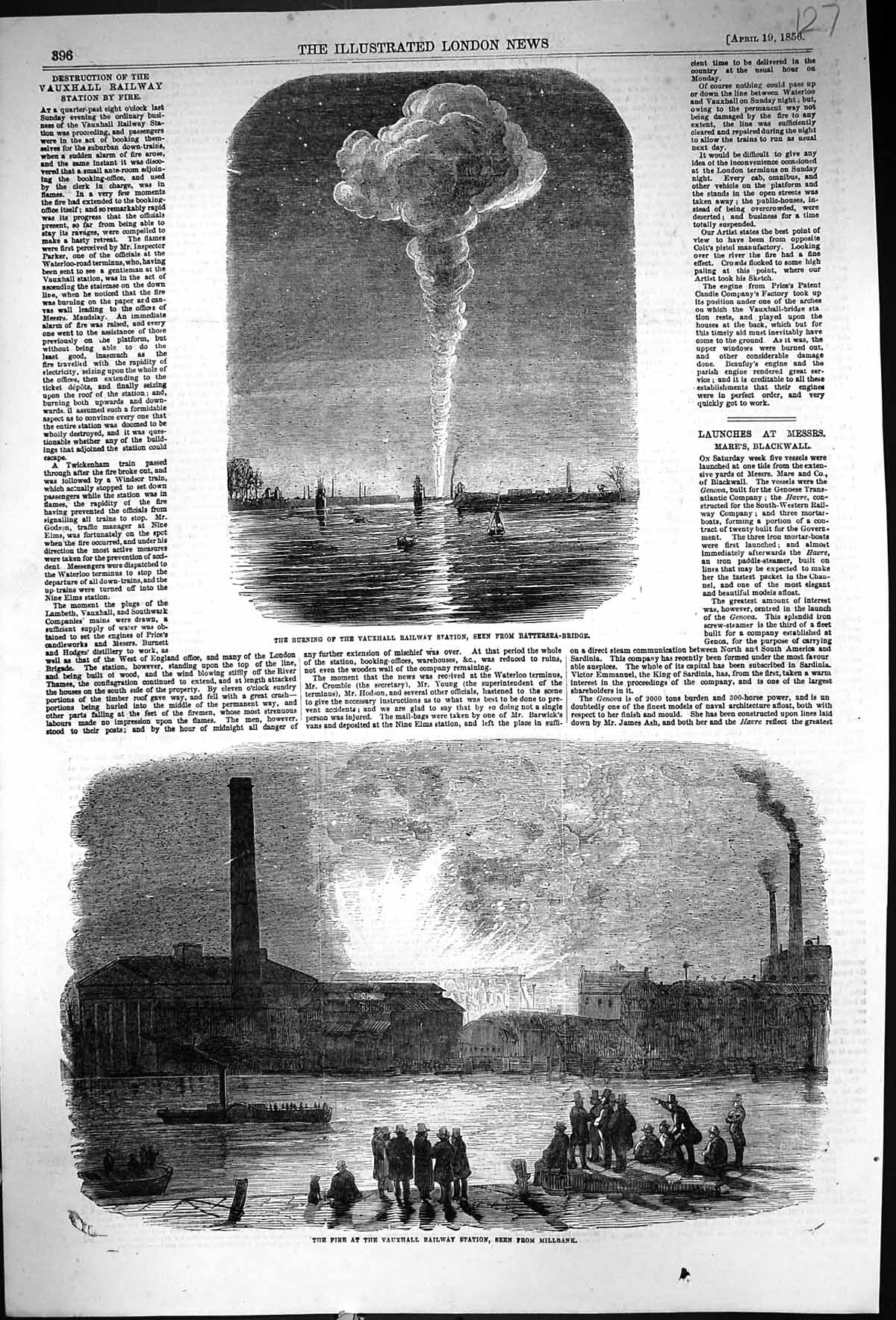 Old 1856 Burning Vauxhall Railway Station Battersea Bridge Millbank L Victorian
