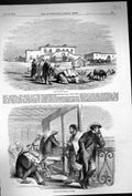 Antique Old Print 1857 Station Scene Desert Camels Men Verandah Suez Egypt 19th