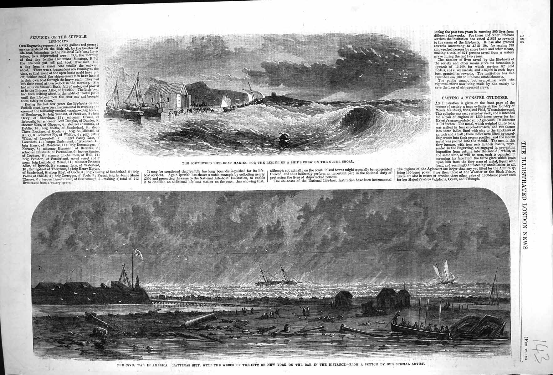 Antique Print 1862 SouthwLife-Boat Rescue Ship Civil War America Hatteras S