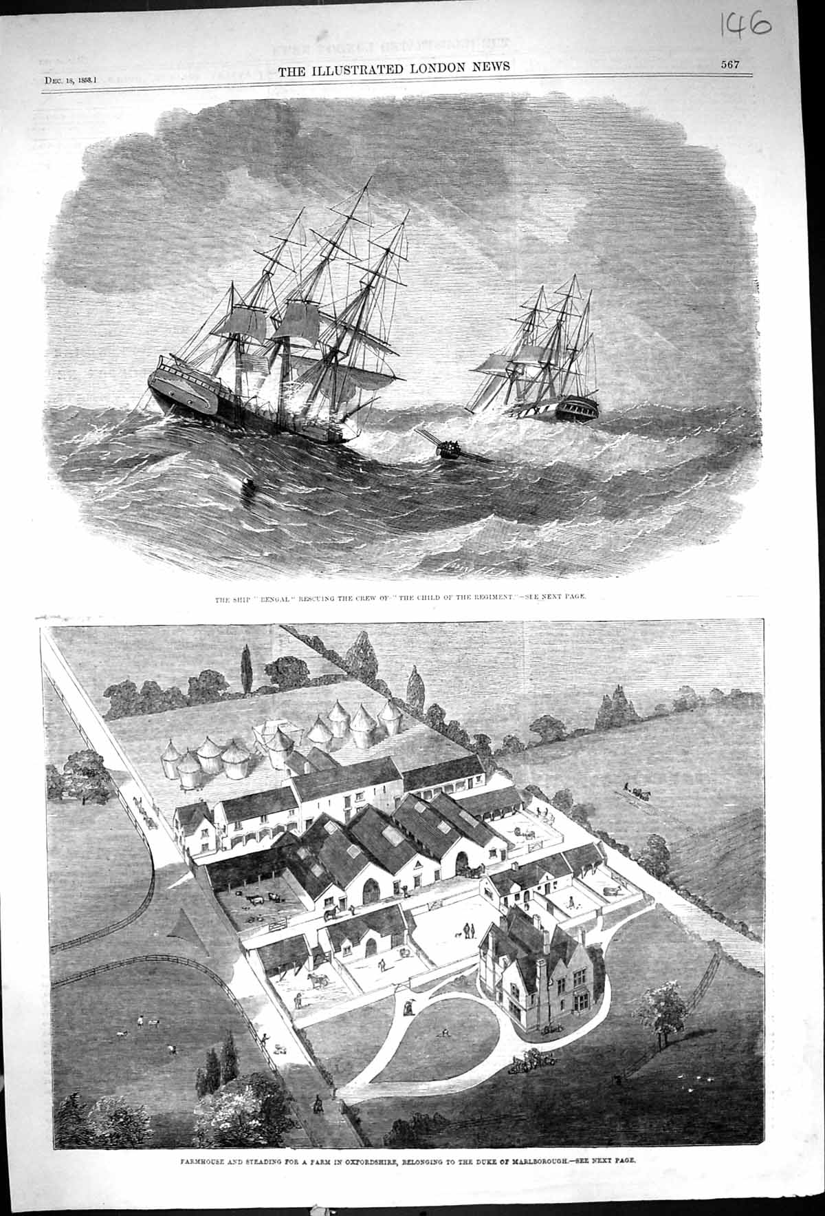Old 1858 Ship Bengal Rescuing Child Regiment Farmhouse Steading Farm Victorian