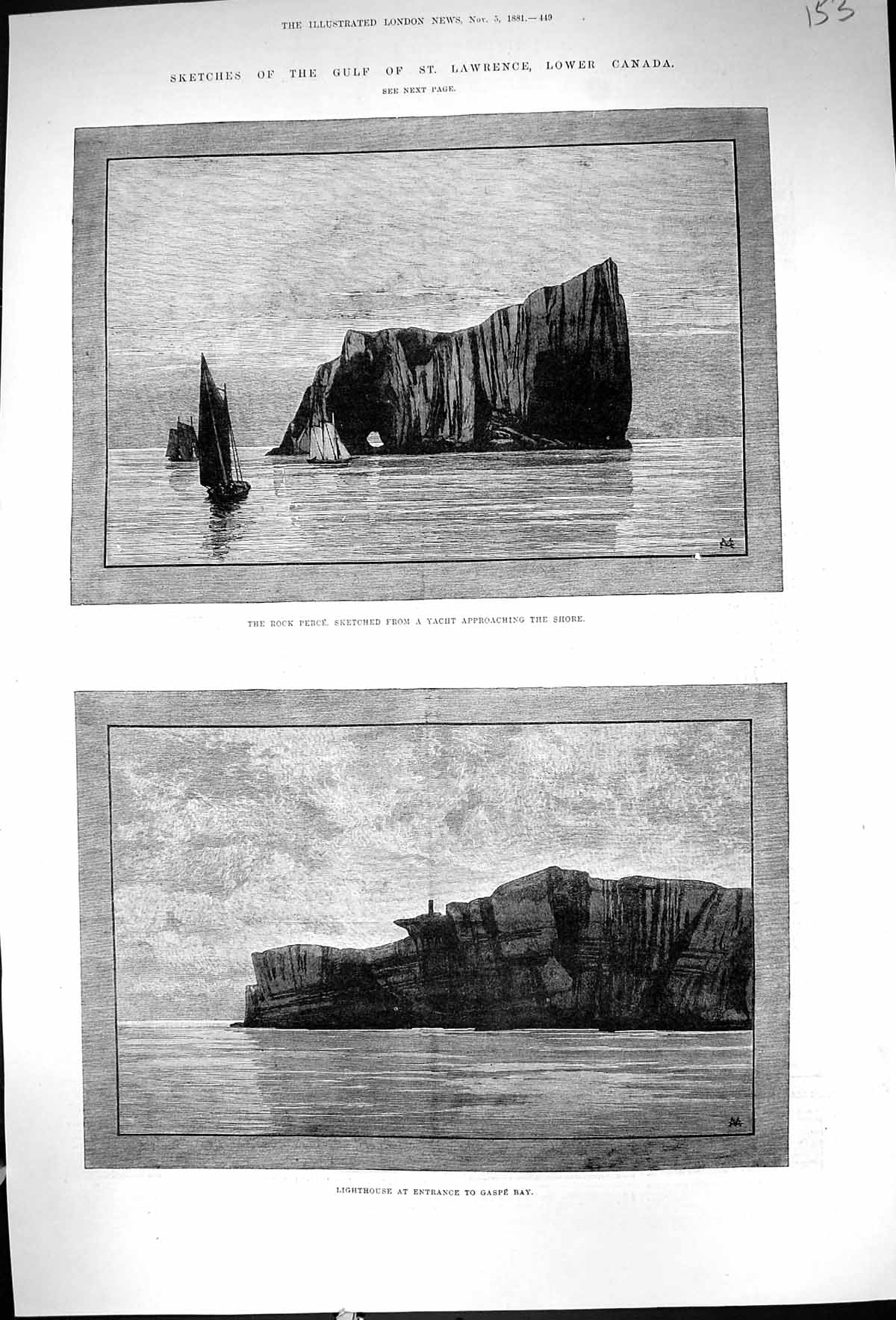 Antique Print 1881 Gulf St. Lawrence Canada Rock Perce Lighthouse Gaspe Bay