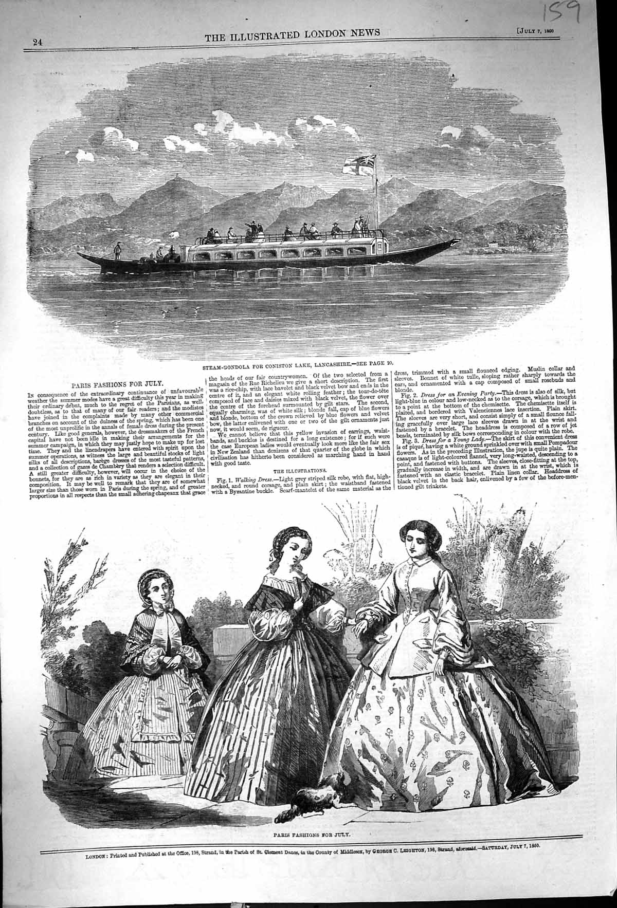 Old 1860 Steam-Gondola Coniston Lake Lancashire Ladies Paris Fashion Victorian