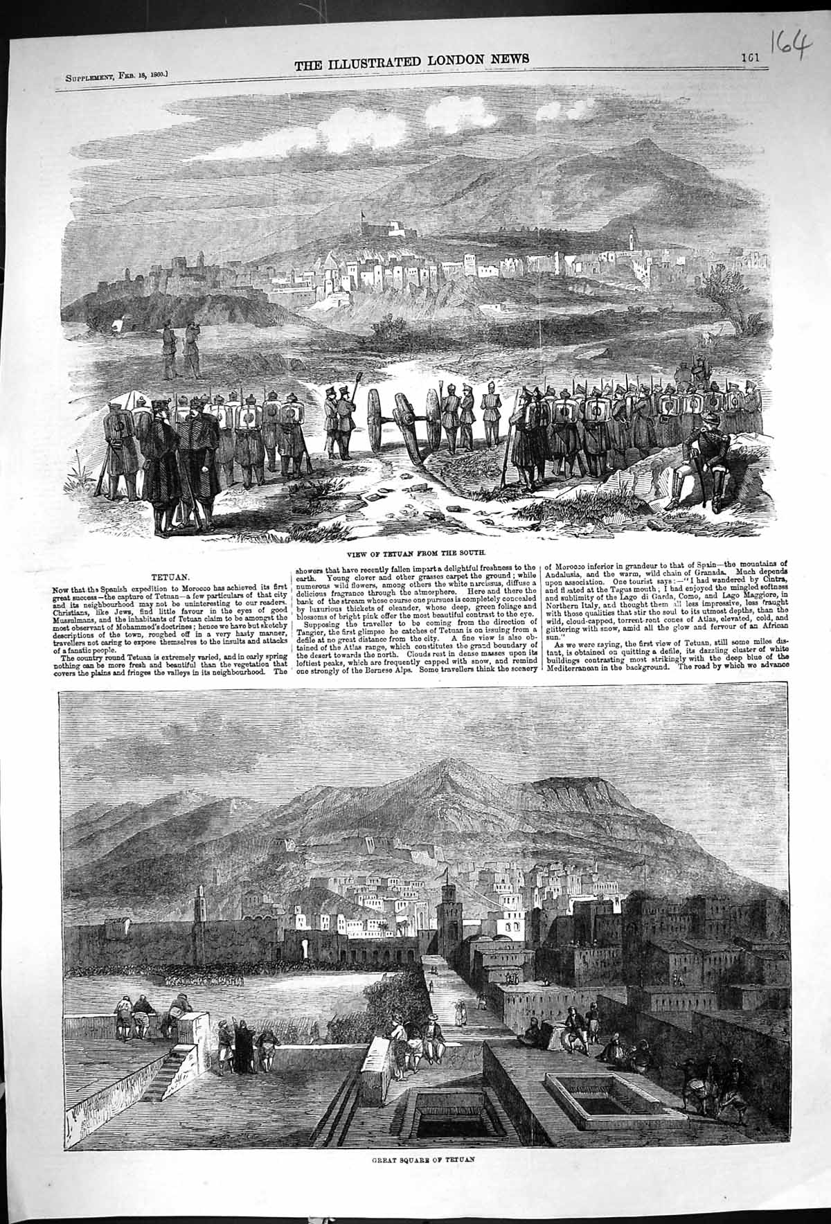 Old 1860 View Tetuan Great Square Morocco Africa Mountains Architectu Victorian