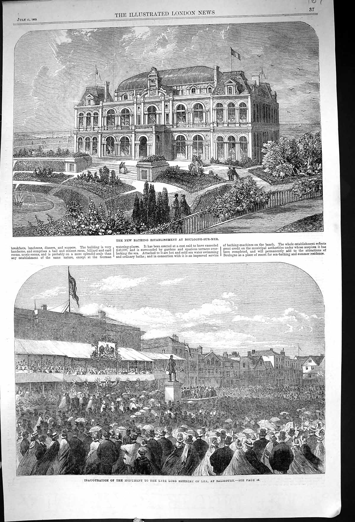 Old 1863 Bathing Establishment Boulogne-Sur-Mer Monument Lord Herbert Victorian