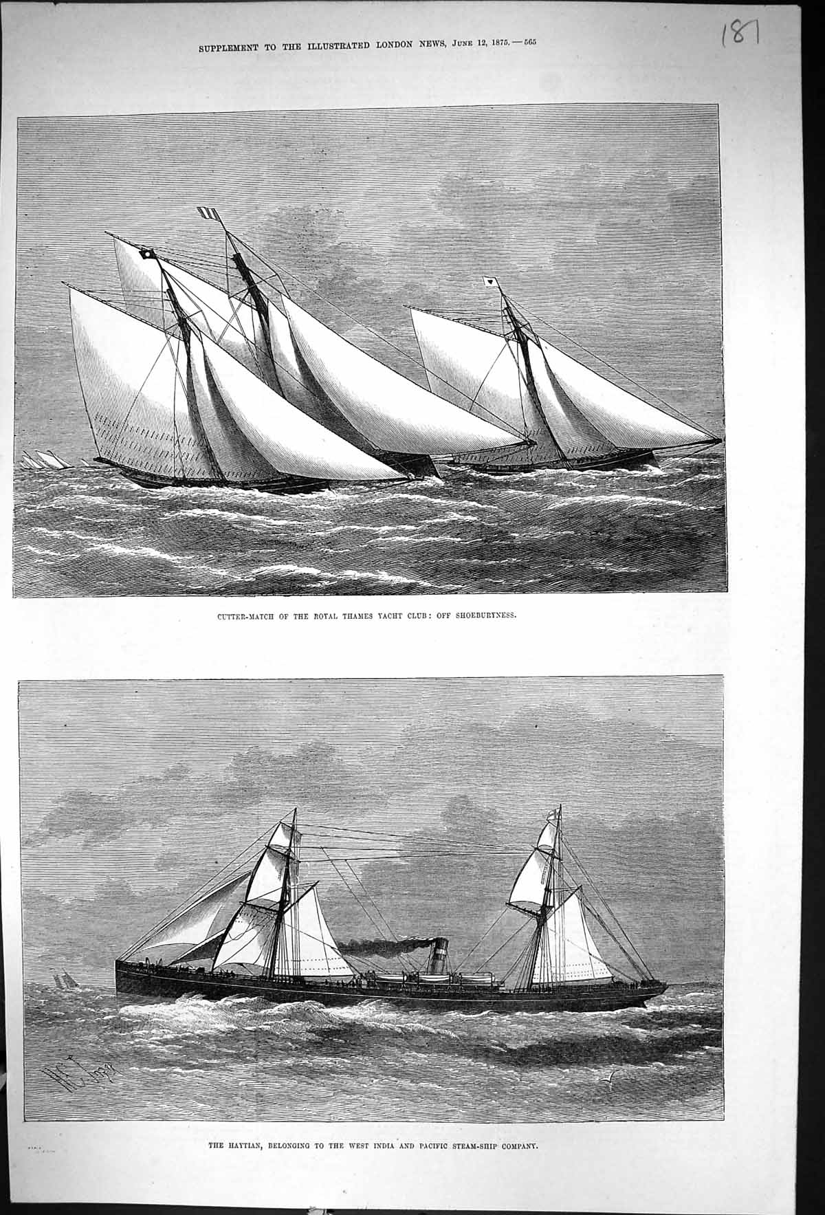 Old 1875 Cutter-Match Royal Thames Yacht Club Shoeburyness Haytian We Victorian