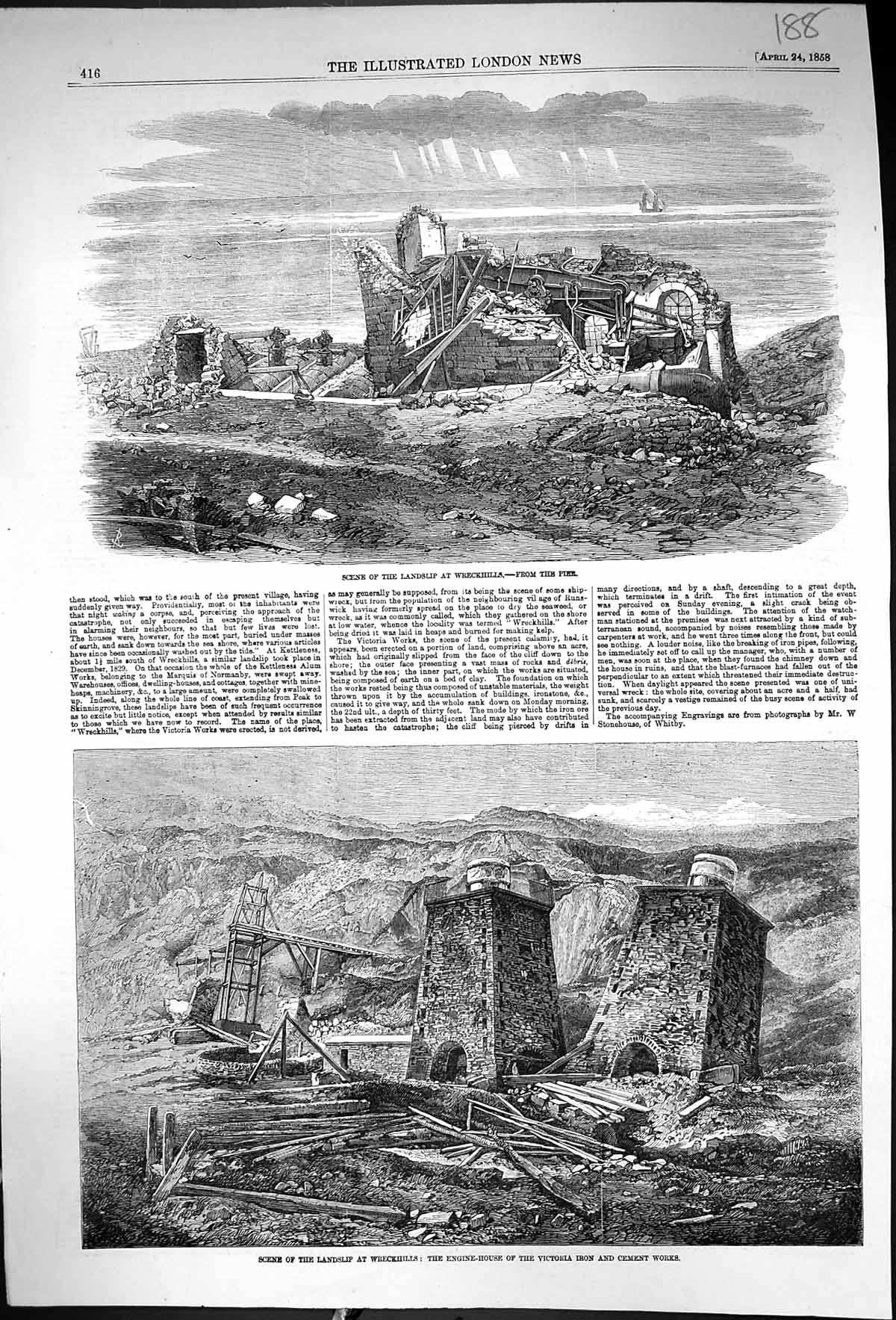 Old 1858 Scene Landslip Wreckhills Pier Engine House Victoria Iron Ce Victorian