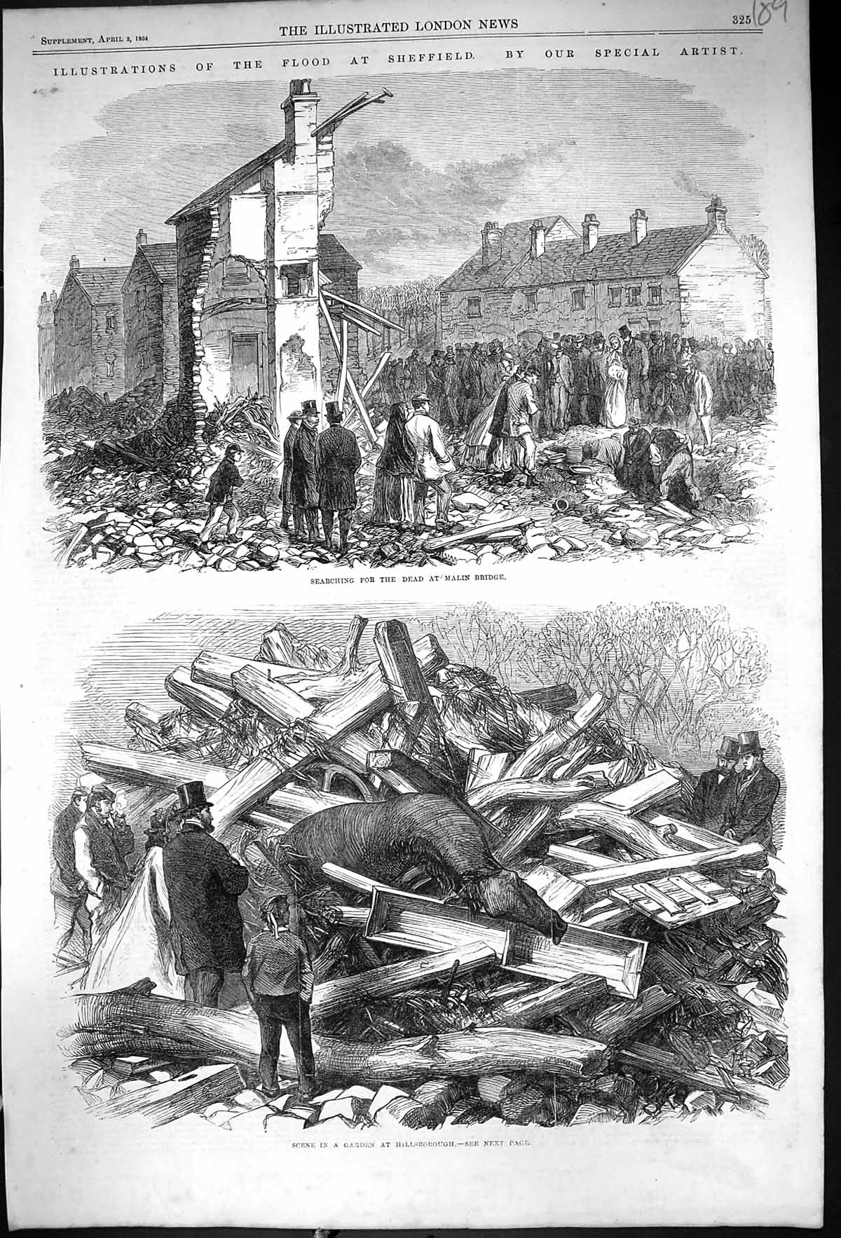 Old 1864 Floods Sheffield Searching Dead Malin Bridge Garden Scene Hi Victorian