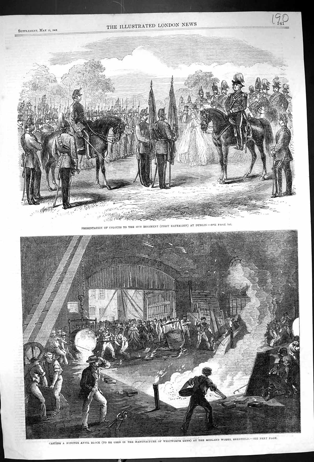 Old Print 1863 S 10Th Regiment Siers Dublin Casting Anvil Whitworth Guns 19th