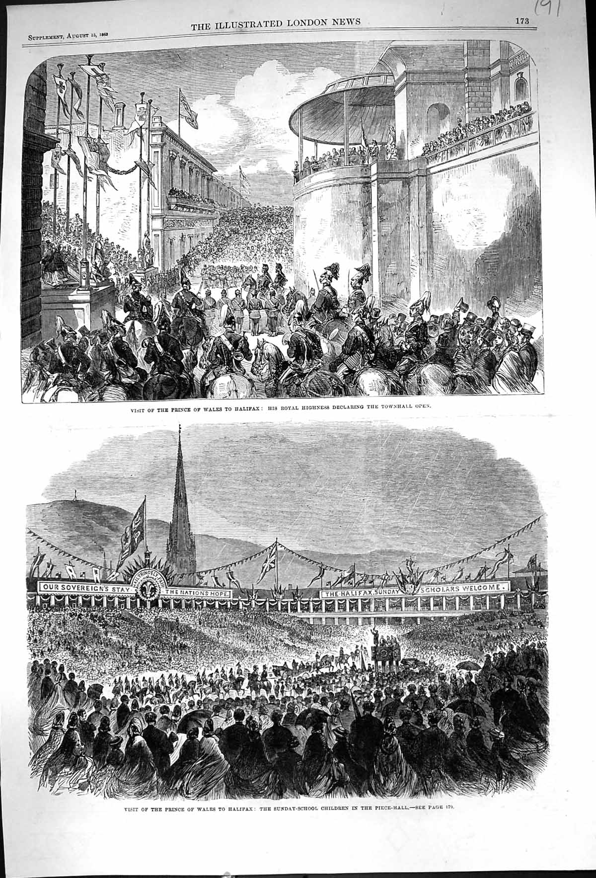 Old 1863 Visit Prince Wales Halifax Townhall Sunday School Children P Victorian