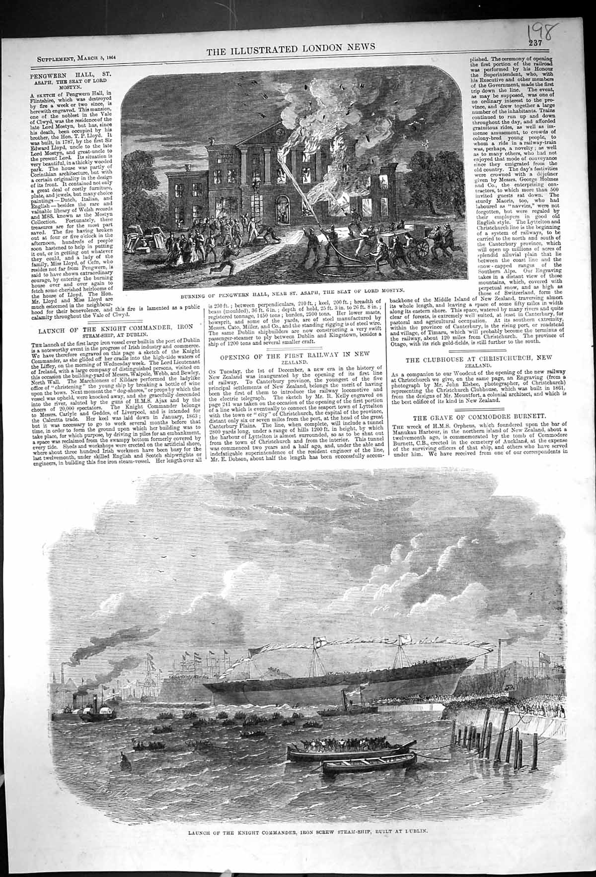 Old 1864 Launch Knight Commandes Iron Screw Steam Ship Dublin Pengwer Victorian