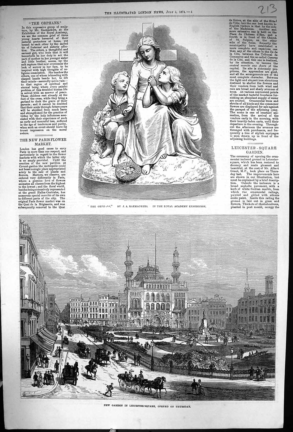 Old 1874 Sculpture Orphans Raemackers Gardens Leicester Square London Victorian