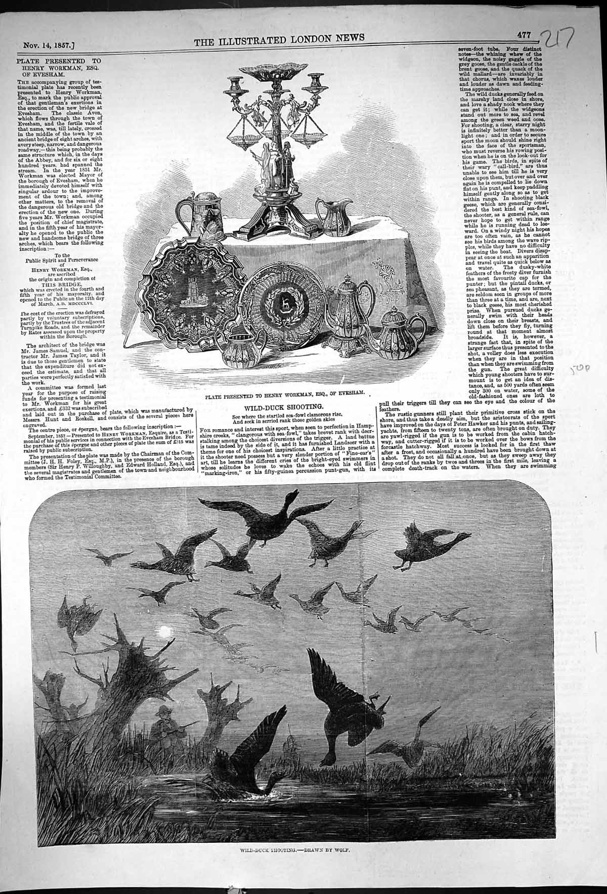 Antique Print 1857 Wild Duck Shooting Plate Presented Henry Workman Evesham