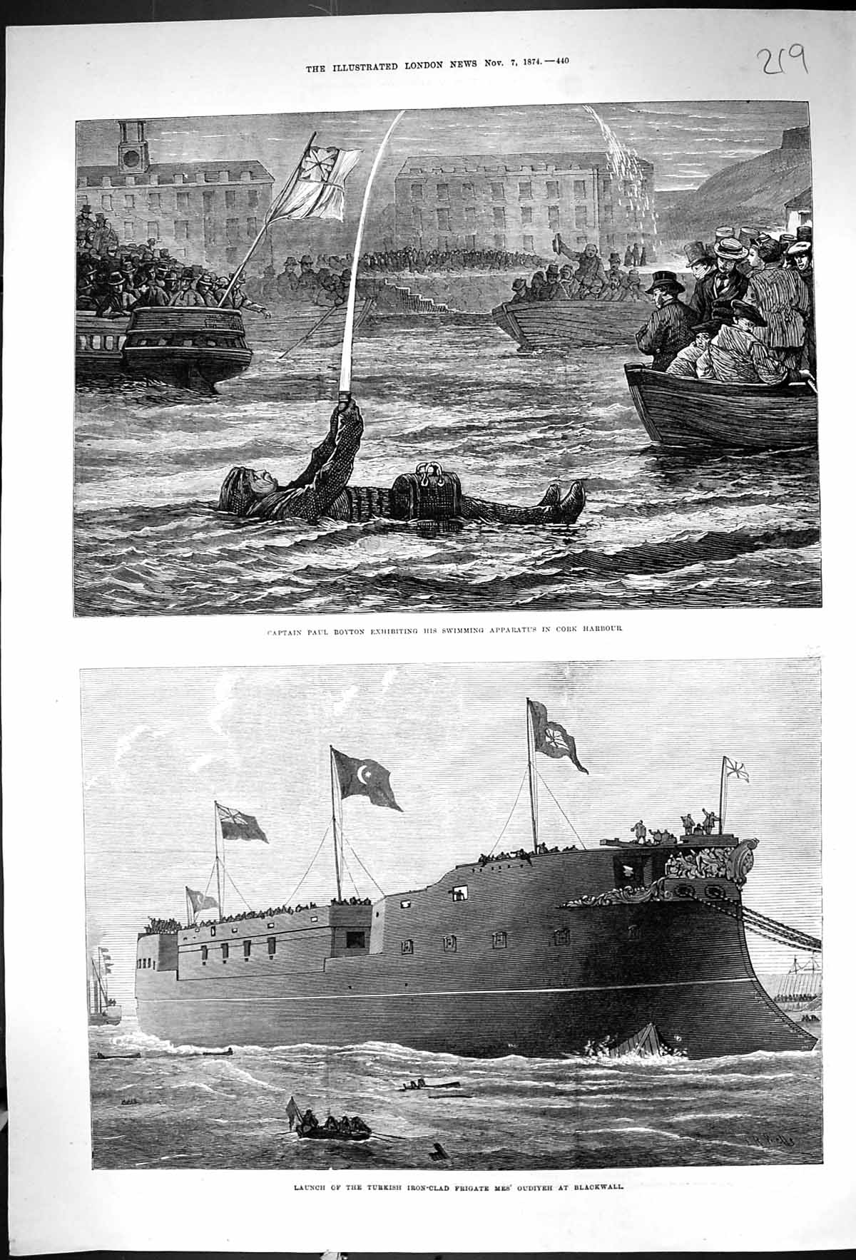 Old 1874 Captain Paul Boyton Swimming Cork Harbour Launch Turkish Shi Victorian