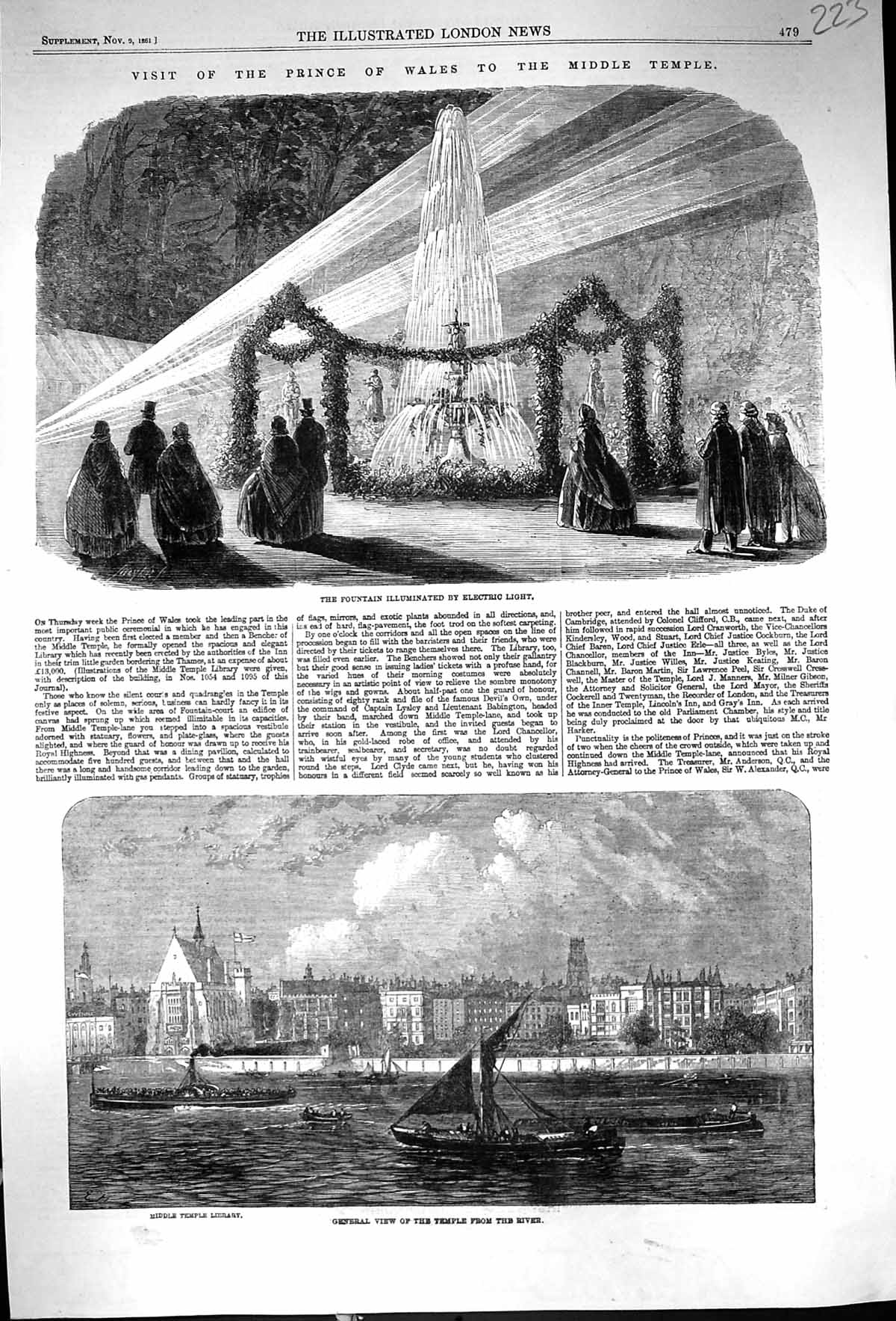 Old 1861 View Middle Temple Library River Thames Fountain Illuminated Victorian